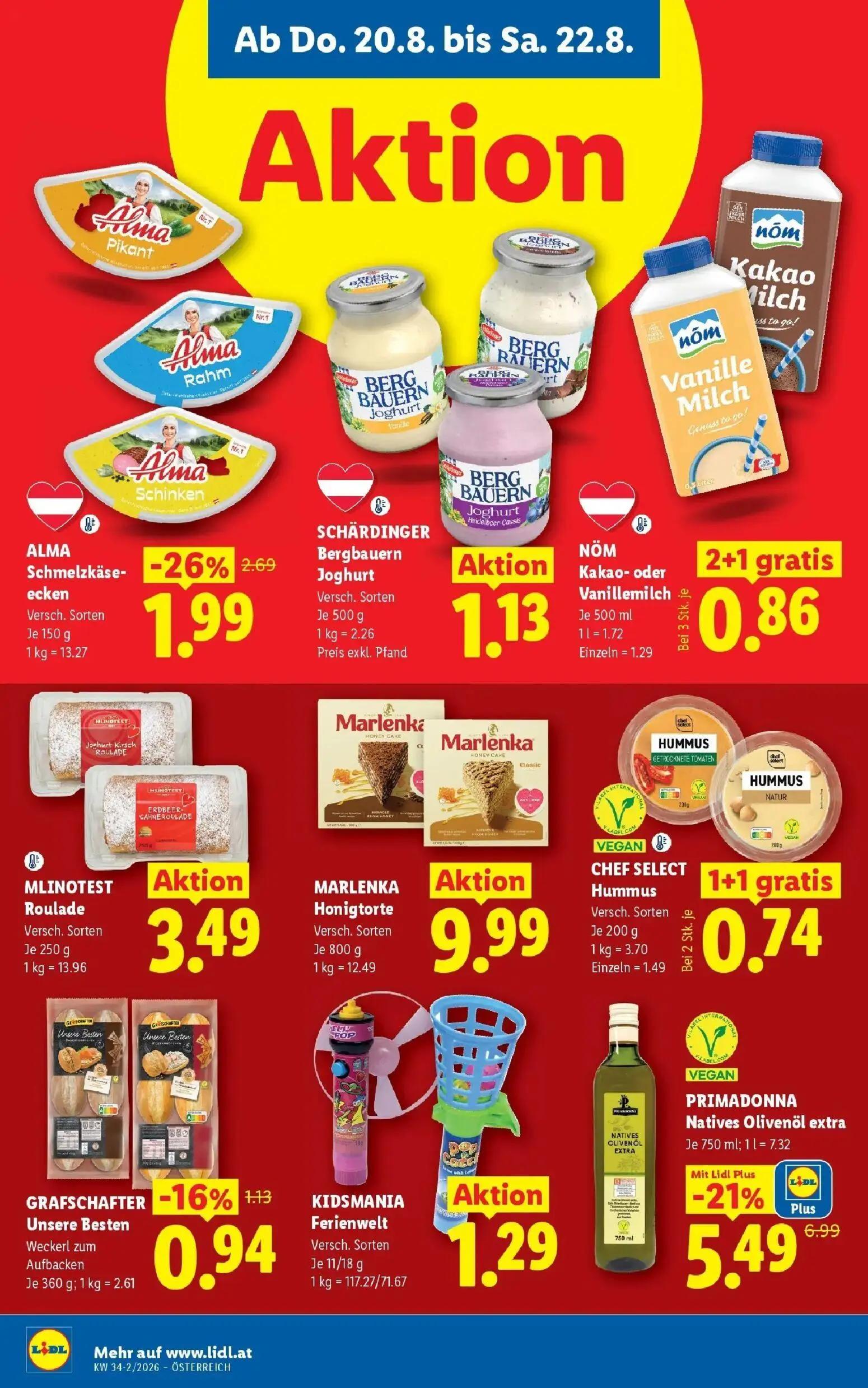 Lidl Prospekt, Seite 10 von 55 — ALMA Schmelzkäse- ecken, SCHÄRDINGER Bergbauern Joghurt, NÖM Kakao- oder Vanillemilch
