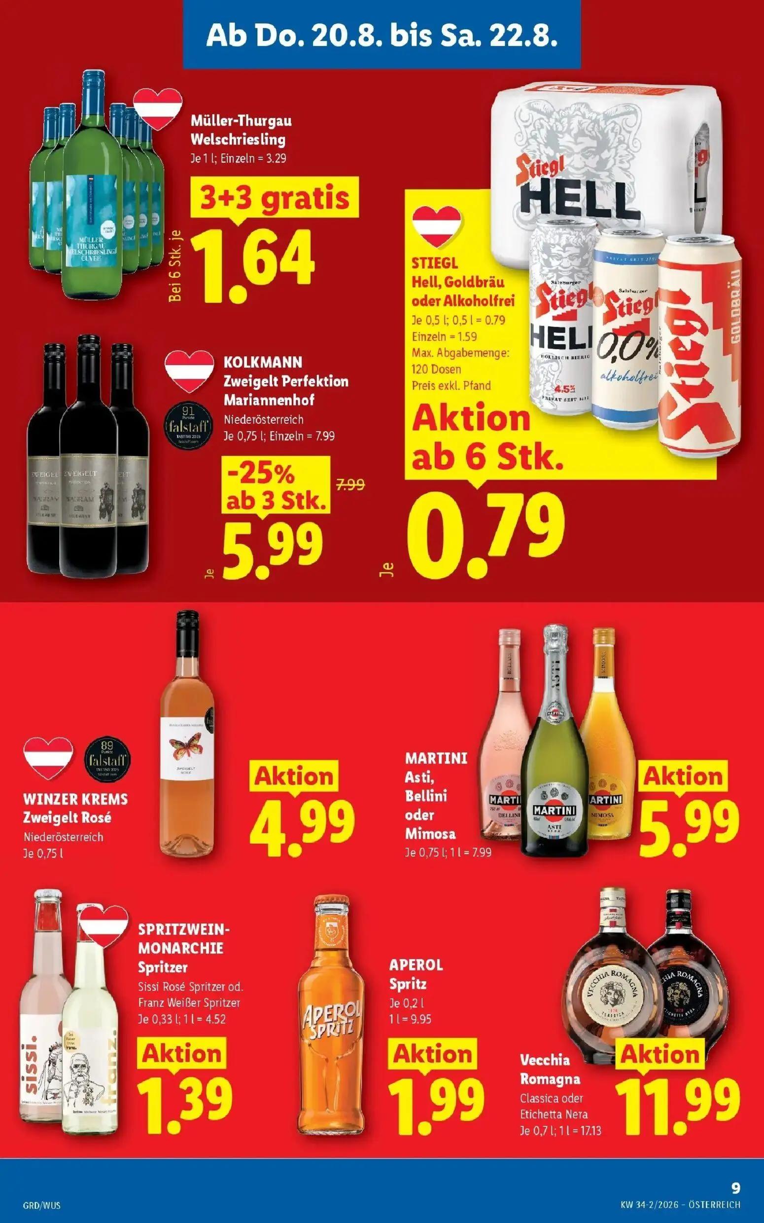 Lidl Prospekt, Seite 11 von 55 — KOLKMANN Zweigelt Perfektion Mariannenhof, Müller-Thurgau Welschriesling, STIEGL Hell, Gold…