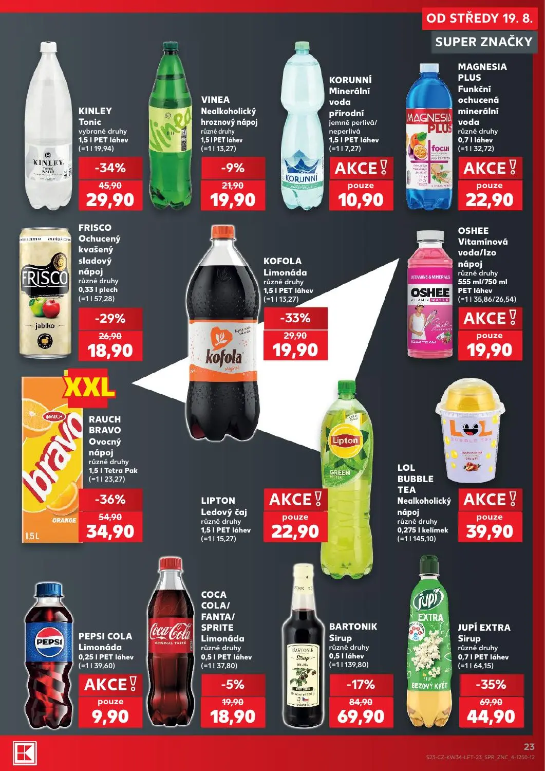 Kaufland leták, strana 23 z 52 — JUPÍ EXTRA Sirup, RAUCH BRAVO Ovocný nápoj, KINLEY Tonic