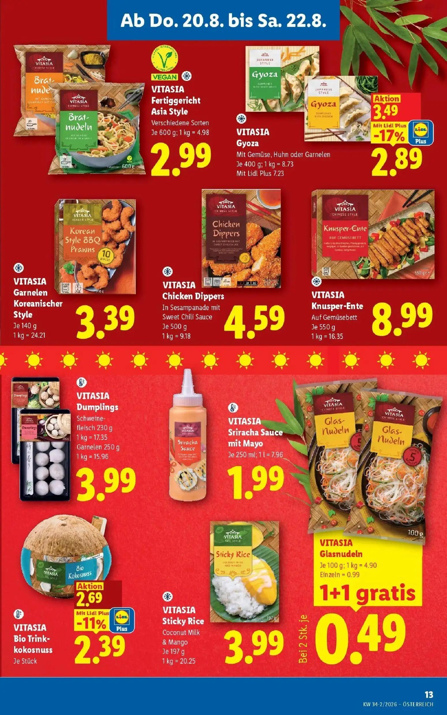 Lidl Prospekt, Seite 15 von 55 — VITASIA Gyoza Mit Gemüse, Huhn oder Garnelen, VITASIA Bio Trinkkokosnuss, VITASIA Fertigger…