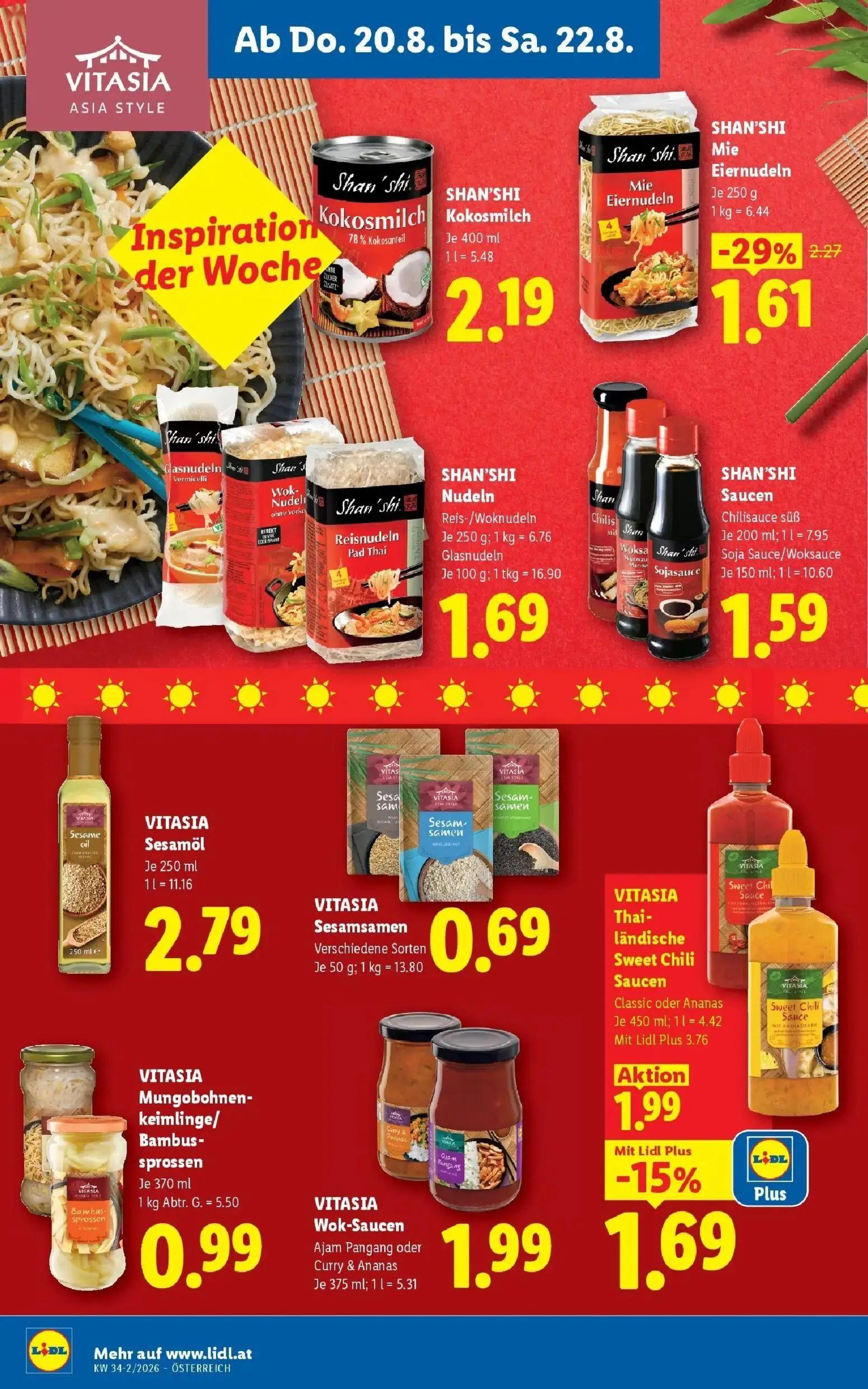 Lidl Prospekt, Seite 16 von 55 — SHAN'SHI Mie Eiernudeln, VITASIA Thai-ländische Sweet Chili Saucen Classic oder Ananas, SHA…