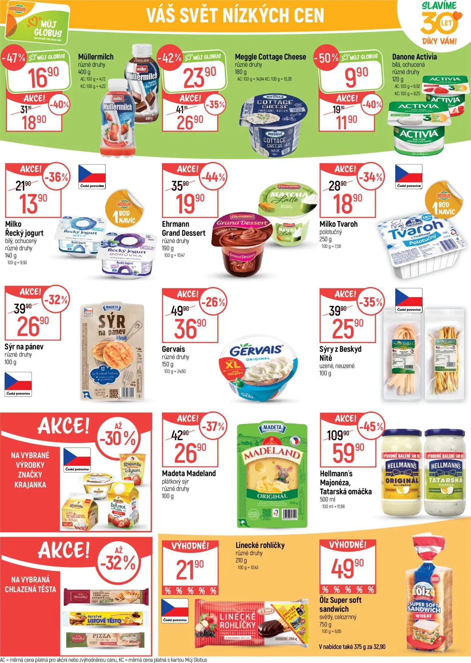 GLOBUS leták, strana 21 z 41 — Hellmann's Majonéza, Tatarská omáčka, Ehrmann Grand Dessert různé druhy, Madeta Madeland plát…