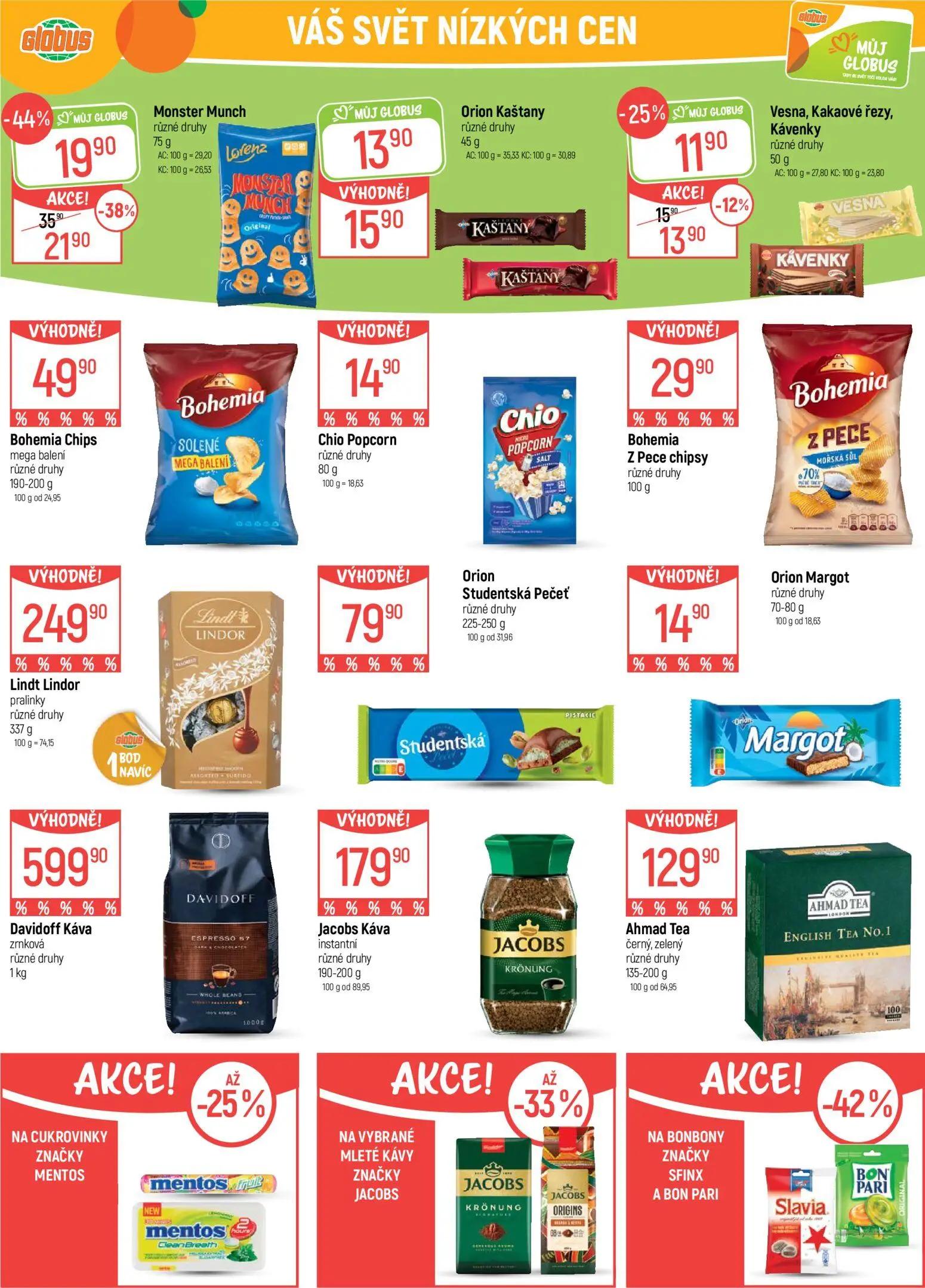 GLOBUS leták, strana 25 z 41 — Monster Munch, Vesna, Kakaové řezy, Kávenky, Orion Kaštany