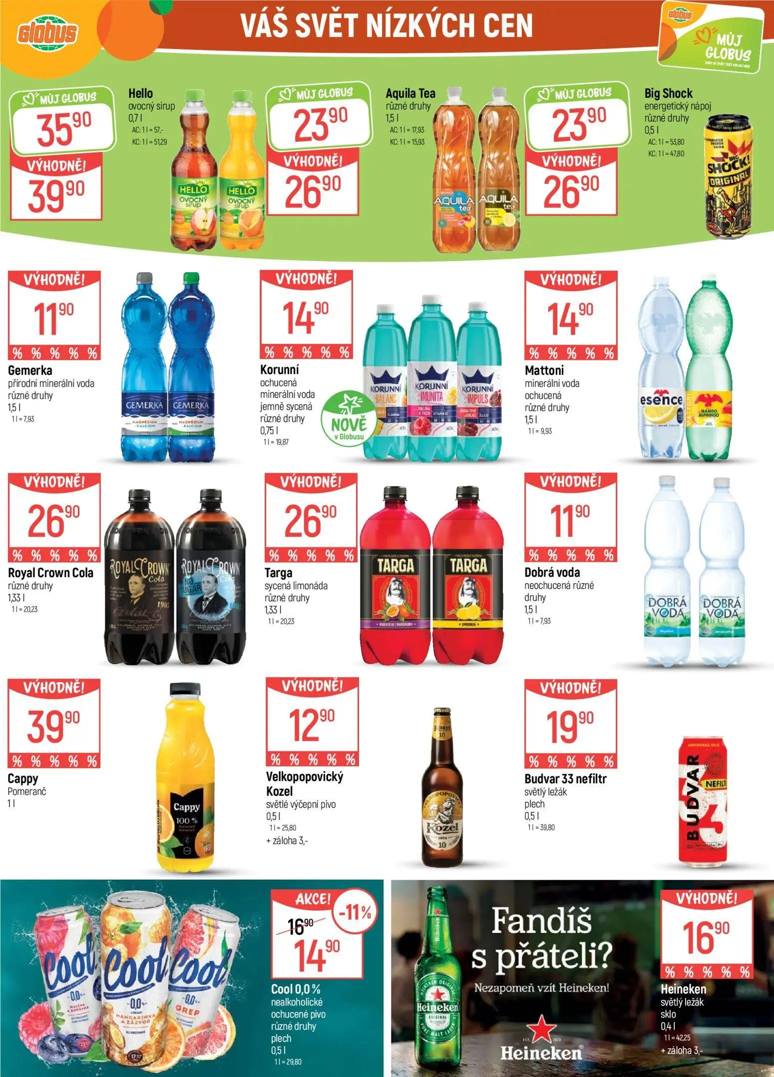 GLOBUS leták, strana 27 z 41 — Hello ovocný sirup, Aquila Tea různé druhy, Big Shock energetický nápoj různé druhy