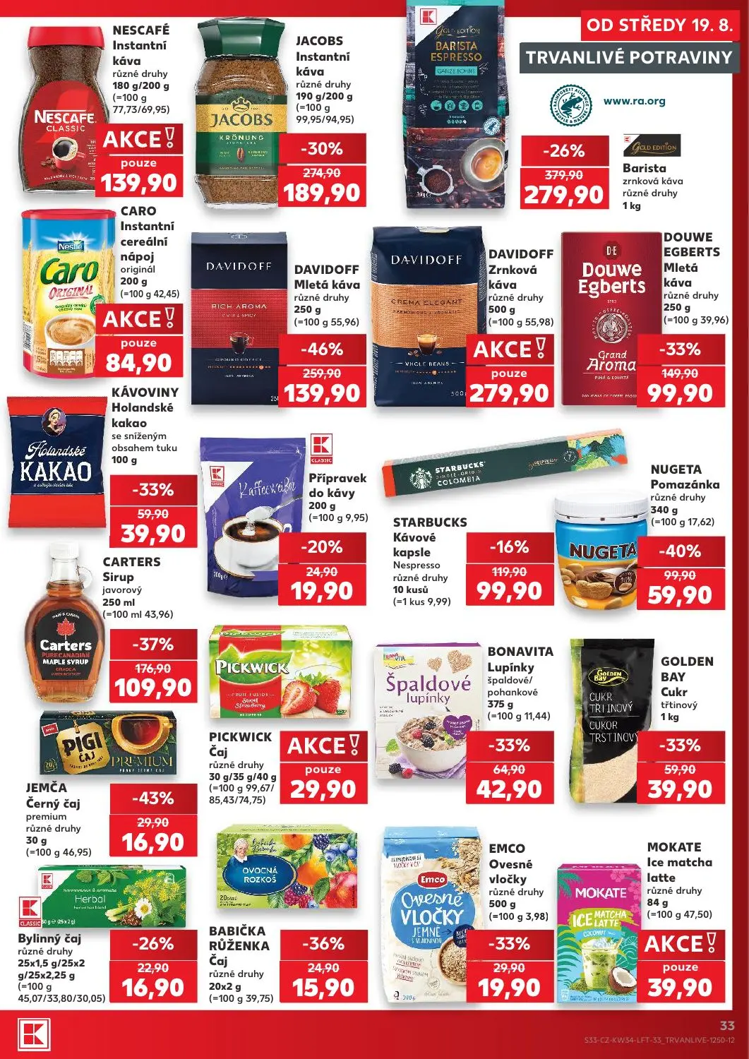 Kaufland leták, strana 33 z 52 — DAVIDOFF Mletá káva, Barista zrnková káva, BONAVITA Lupínky špaldové/pohankové