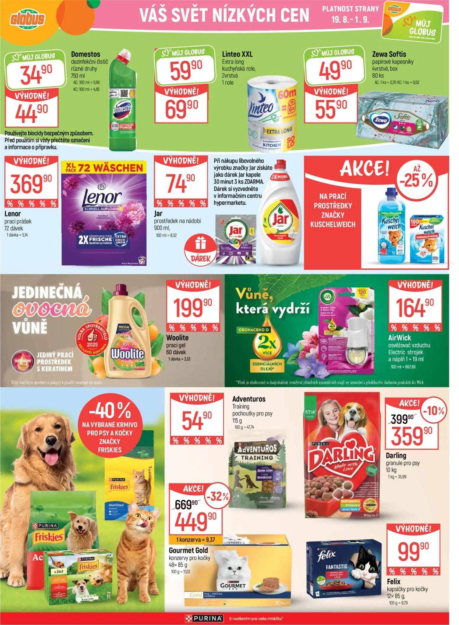 GLOBUS leták, strana 29 z 41 — Gourmet Gold konzervy pro kočky, Darling granule pro psy, Domestos dezinfekční čistič různé d…
