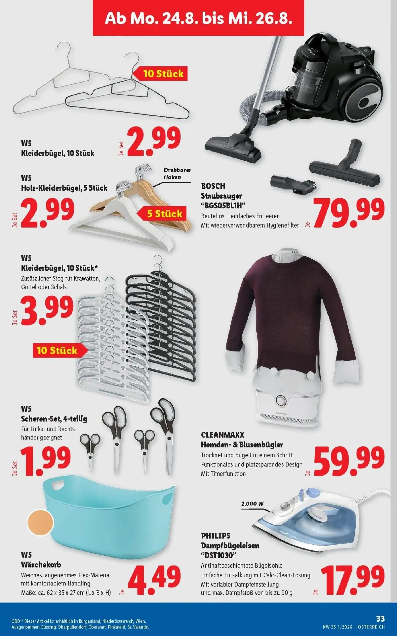 Lidl Prospekt, Seite 38 von 55 — W5 Kleiderbügel, 10 Stück, W5 Holz-Kleiderbügel, 5 Stück, BOSCH Staubsauger "BGS05BL1H"