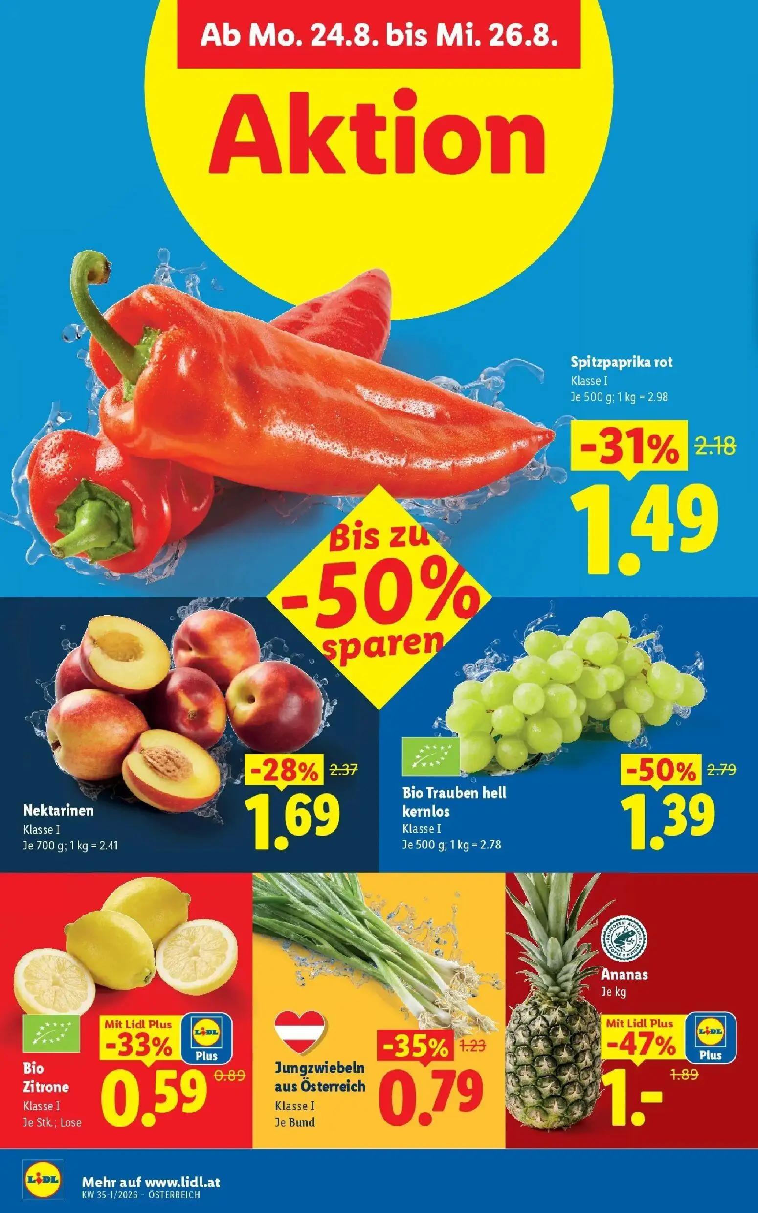 Lidl Prospekt, Seite 41 von 55 — Bio Trauben hell kernlos, Ananas, Spitzpaprika rot