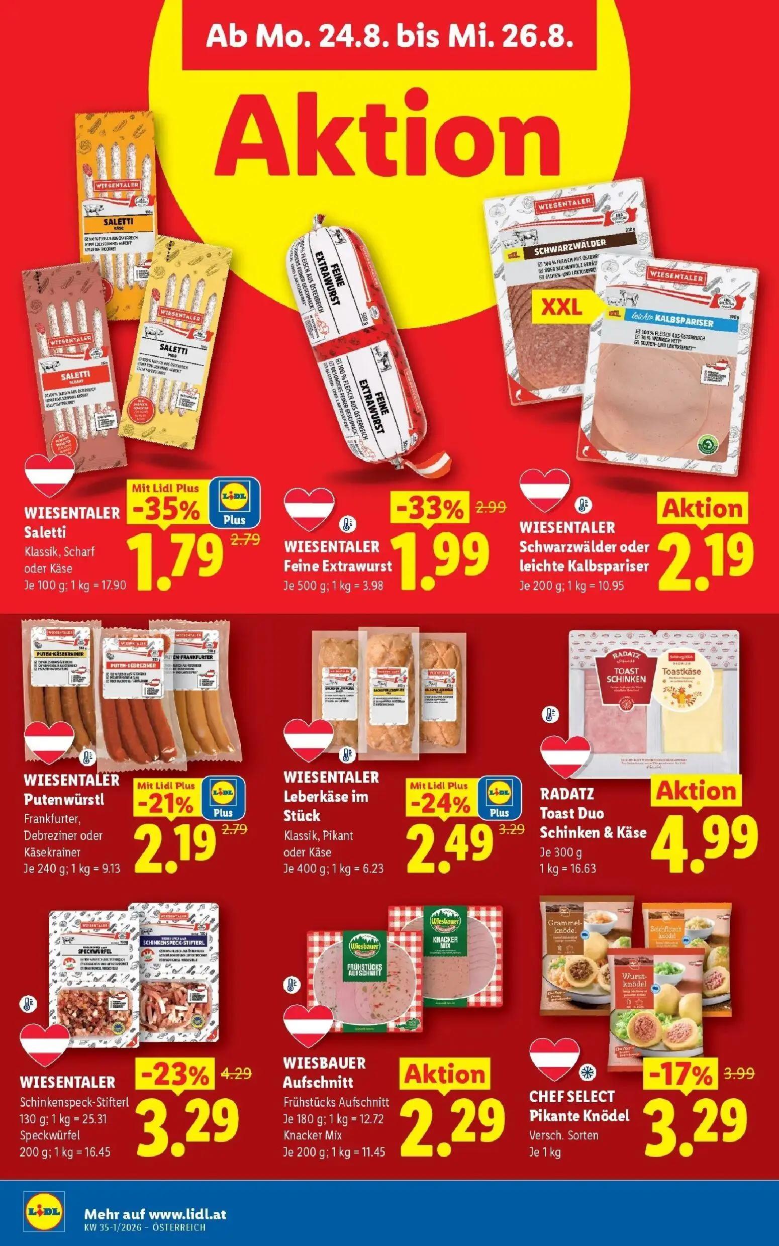 Lidl Prospekt, Seite 43 von 55 — WIESENTALER Saletti Klassik, Scharf oder Käse, WIESENTALER Feine Extrawurst, WIESENTALER Sc…