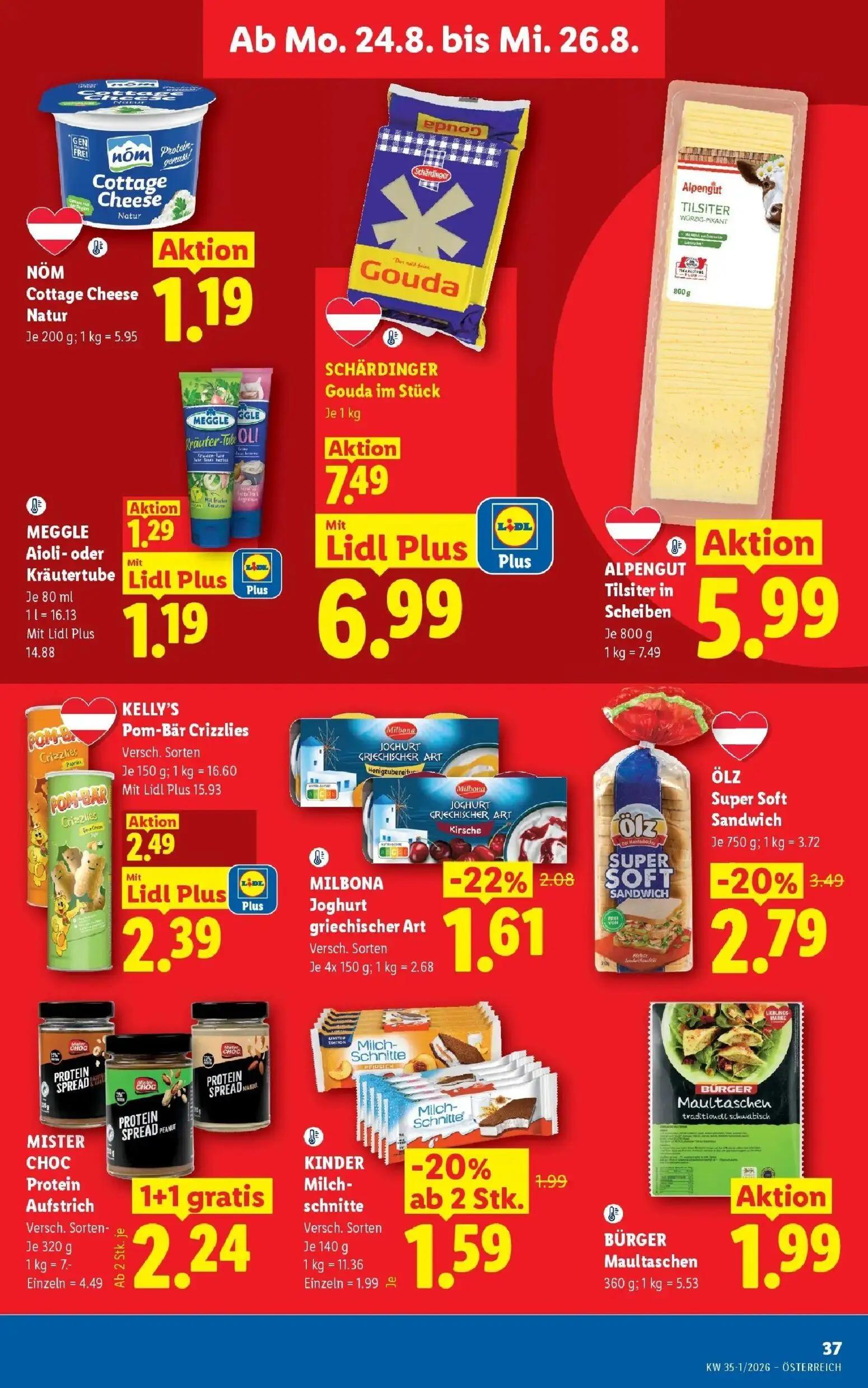 Lidl Prospekt, Seite 44 von 55 — SCHÄRDINGER Gouda im Stück, MILBONA Joghurt griechischer Art, KINDER Milch-schnitte