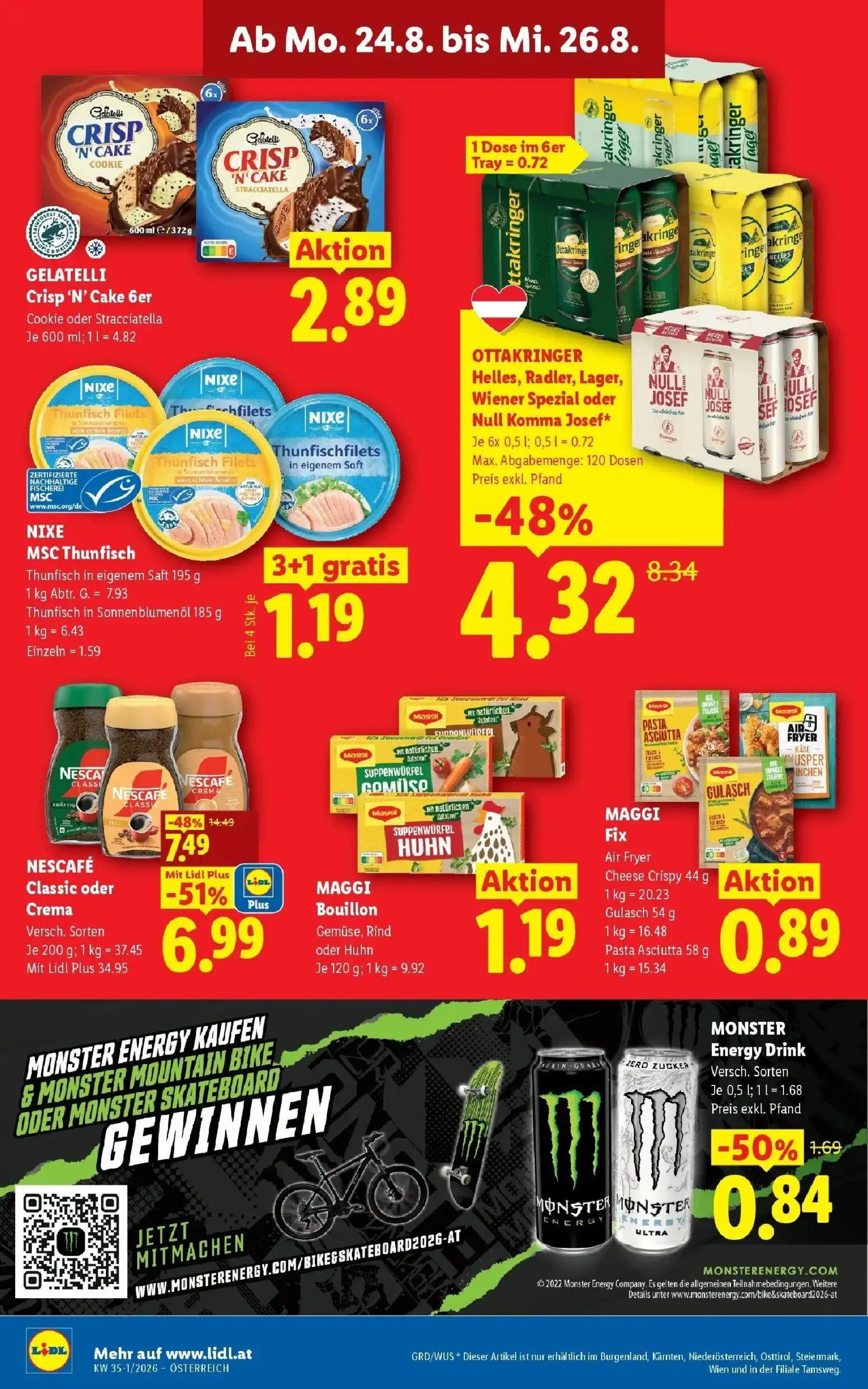 Lidl Prospekt, Seite 45 von 55 — Ottakringer Helles, Radler, Lager, Wiener Spezial oder Null Komma Josef, Monster Energy Dri…