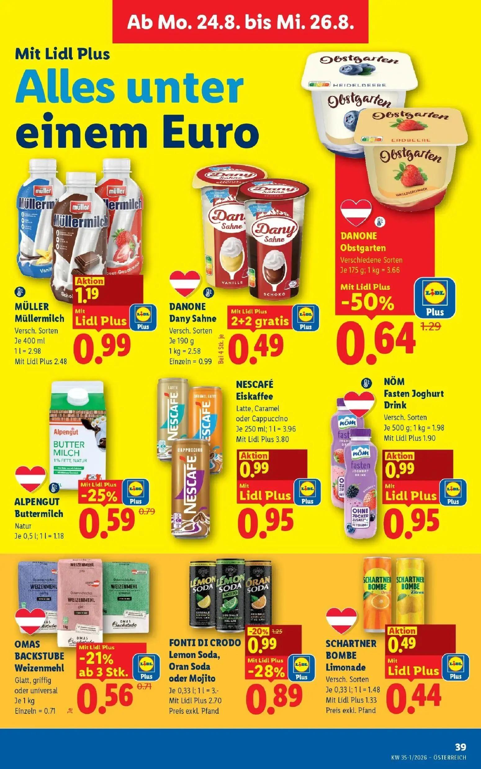 Lidl Prospekt, Seite 46 von 55 — DANONE Obstgarten Verschiedene Sorten, FONTI DI CRODO Lemon Soda, Oran Soda oder Mojito, MÜ…