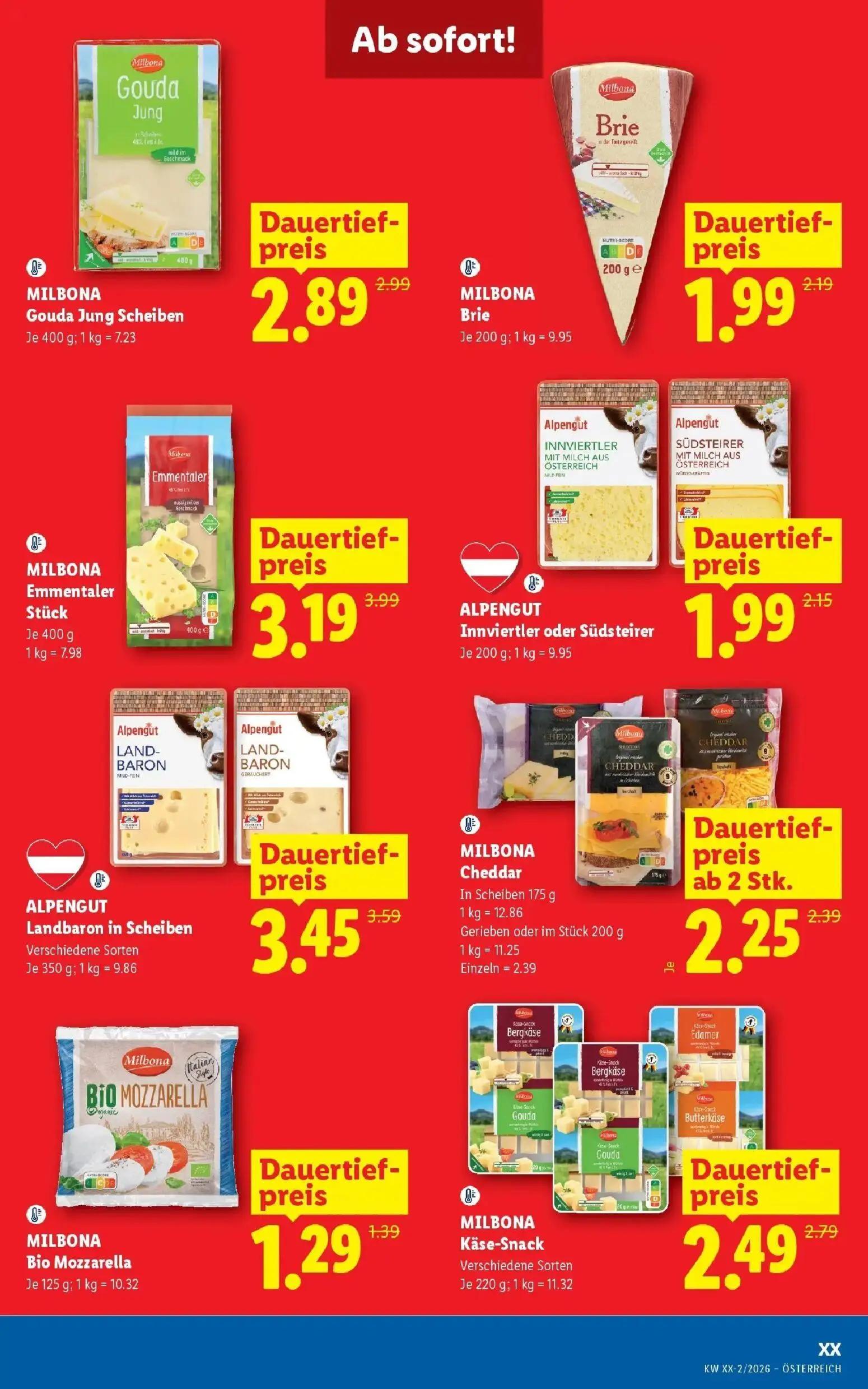 Lidl Prospekt, Seite 48 von 55 — MILBONA Emmentaler Stück, MILBONA Käse-Snack Verschiedene Sorten, MILBONA Brie