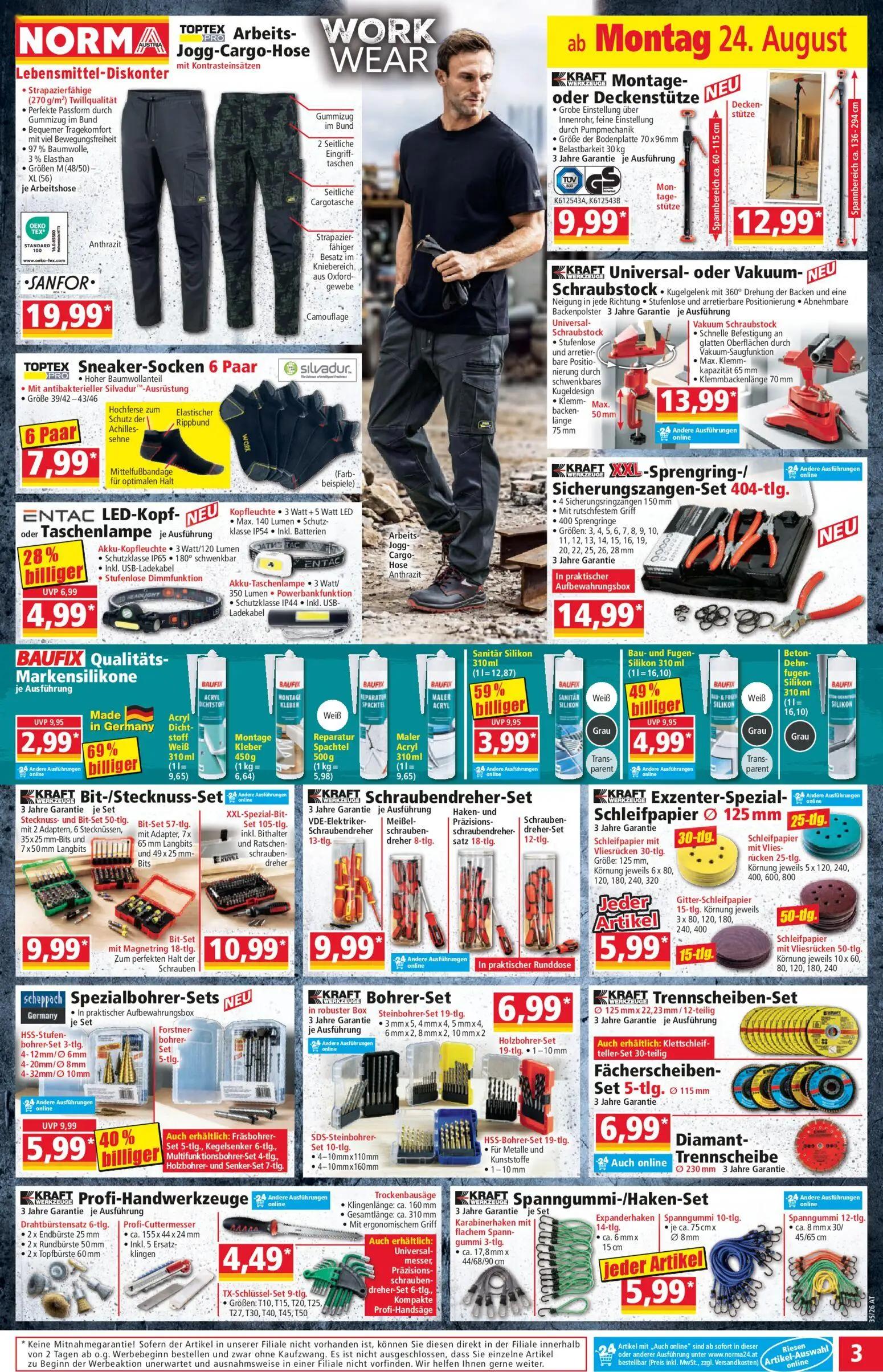 Norma Prospekt, Seite 3 von 18 — BAUFIX Qualitäts-Markensilikone, Scheppach Spezialbohrer-Sets, KRAFT Montage- oder Deckenst…