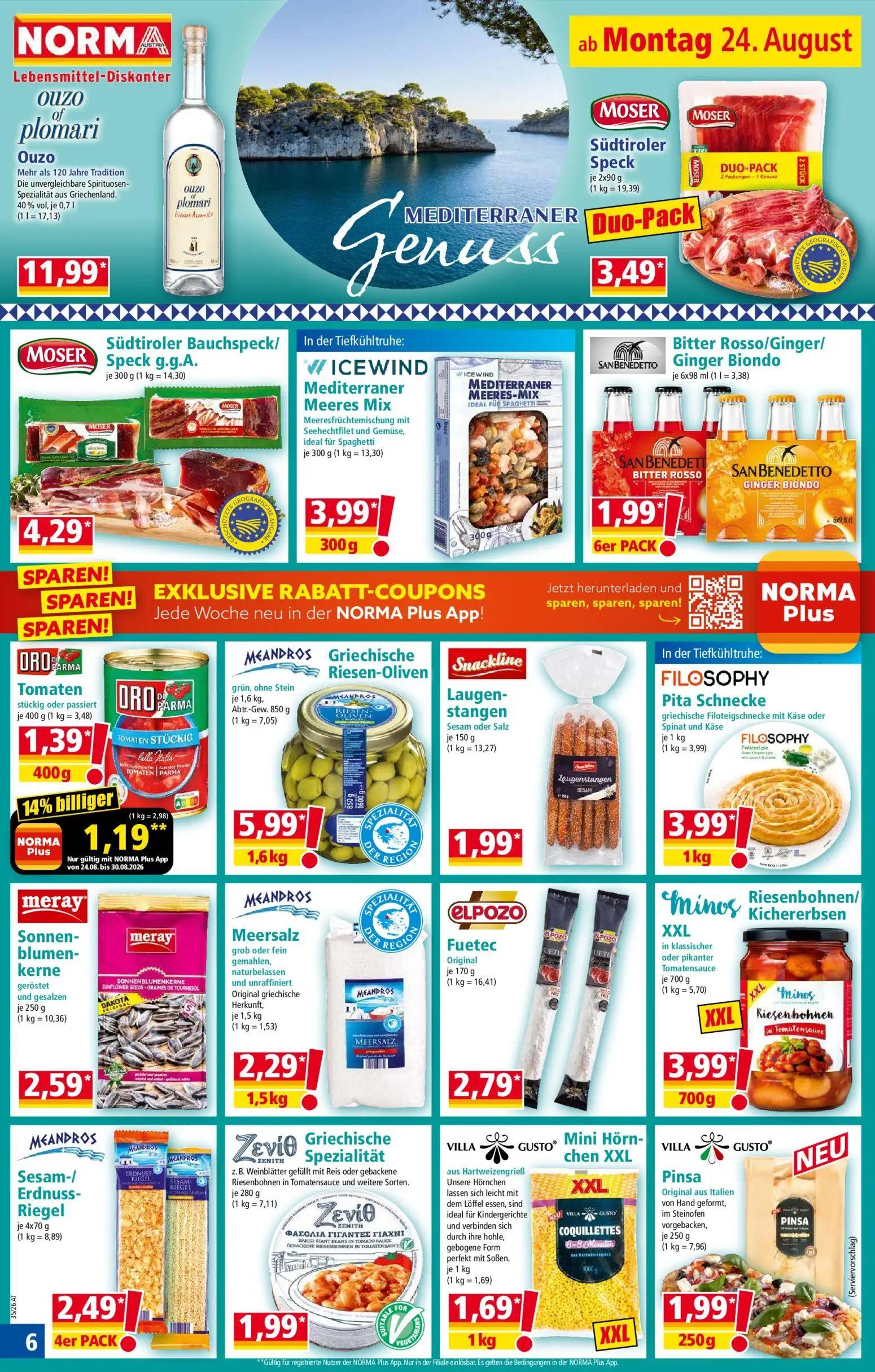 Norma Prospekt, Seite 6 von 18 — Tomaten, Ouzo Plomari, Südtiroler Speck Duo-Pack