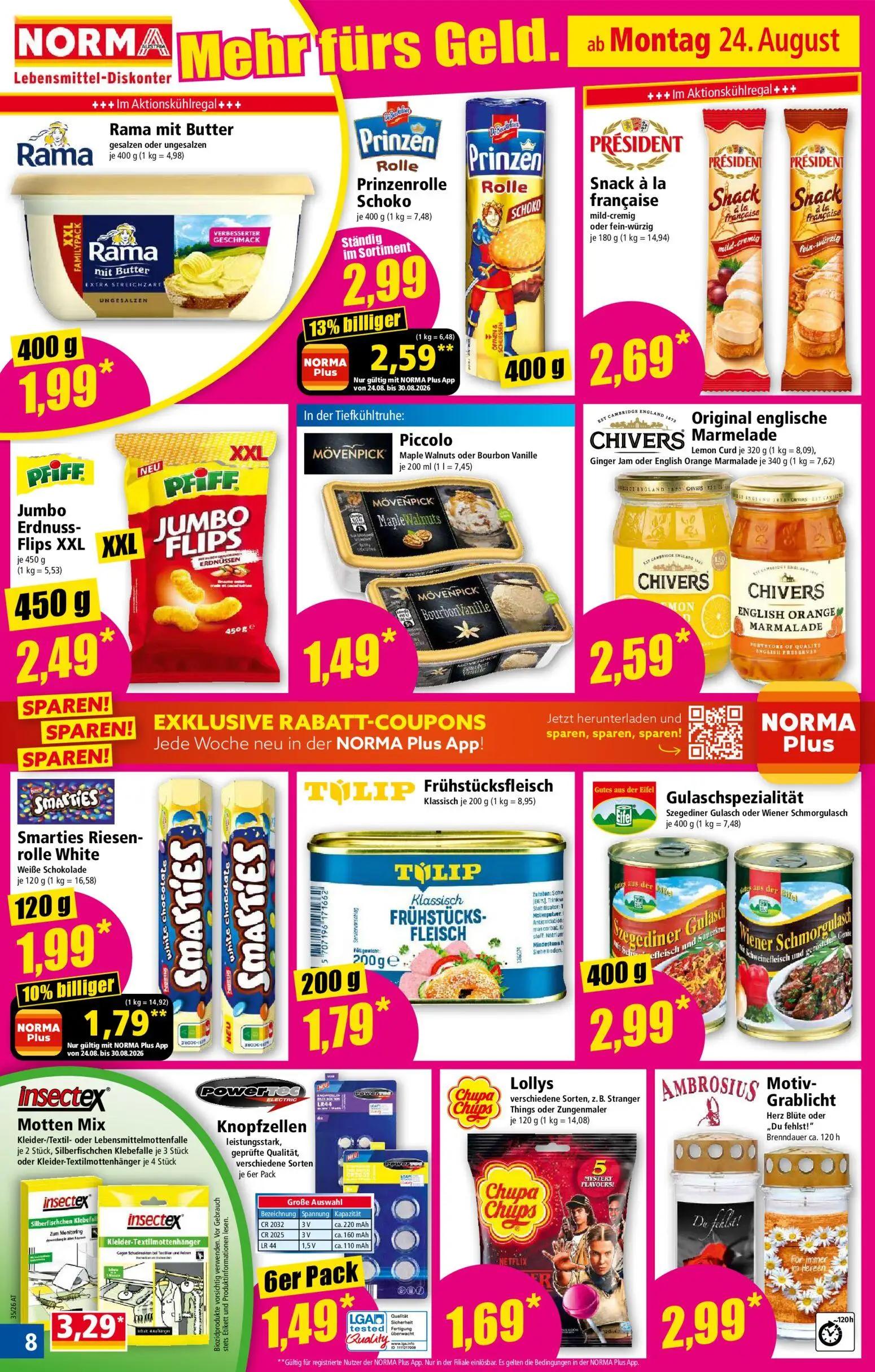 Norma Prospekt, Seite 8 von 18 — Prinzenrolle Schoko, Smarties Riesenrolle White, Rama mit Butter