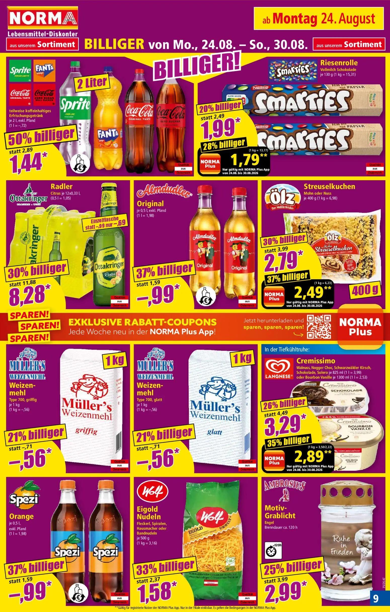 Norma Prospekt, Seite 9 von 18 — Ottakringer Radler Citrus, Cremissimo Bourbon Vanille, Ölz Streuselkuchen Mohn oder Nuss