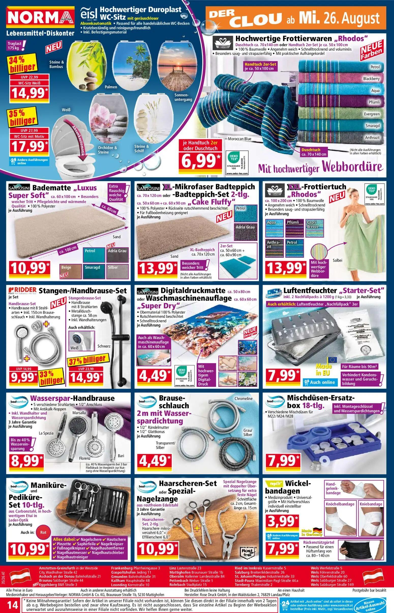 Norma Prospekt, Seite 14 von 18 — WC-Sitz mit Motiv, Stangenbrause-Set, WC-Sitz Weiß