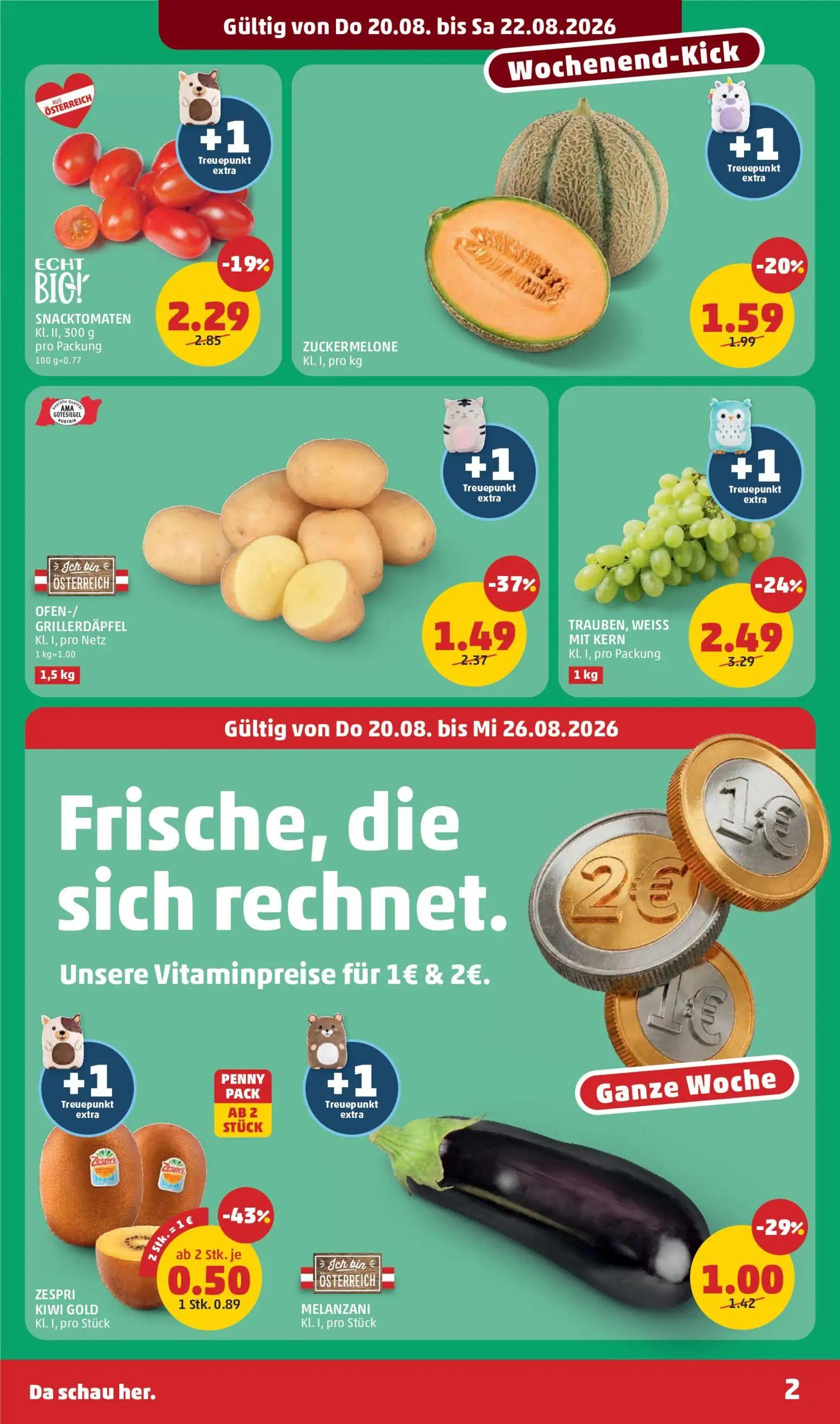 PENNY Prospekt, Seite 2 von 28 — OFEN-/GRILLERDÄPFEL Kl. I, pro Netz, TRAUBEN, WEISS MIT KERN Kl. I, pro Packung, SNACKTOMAT…