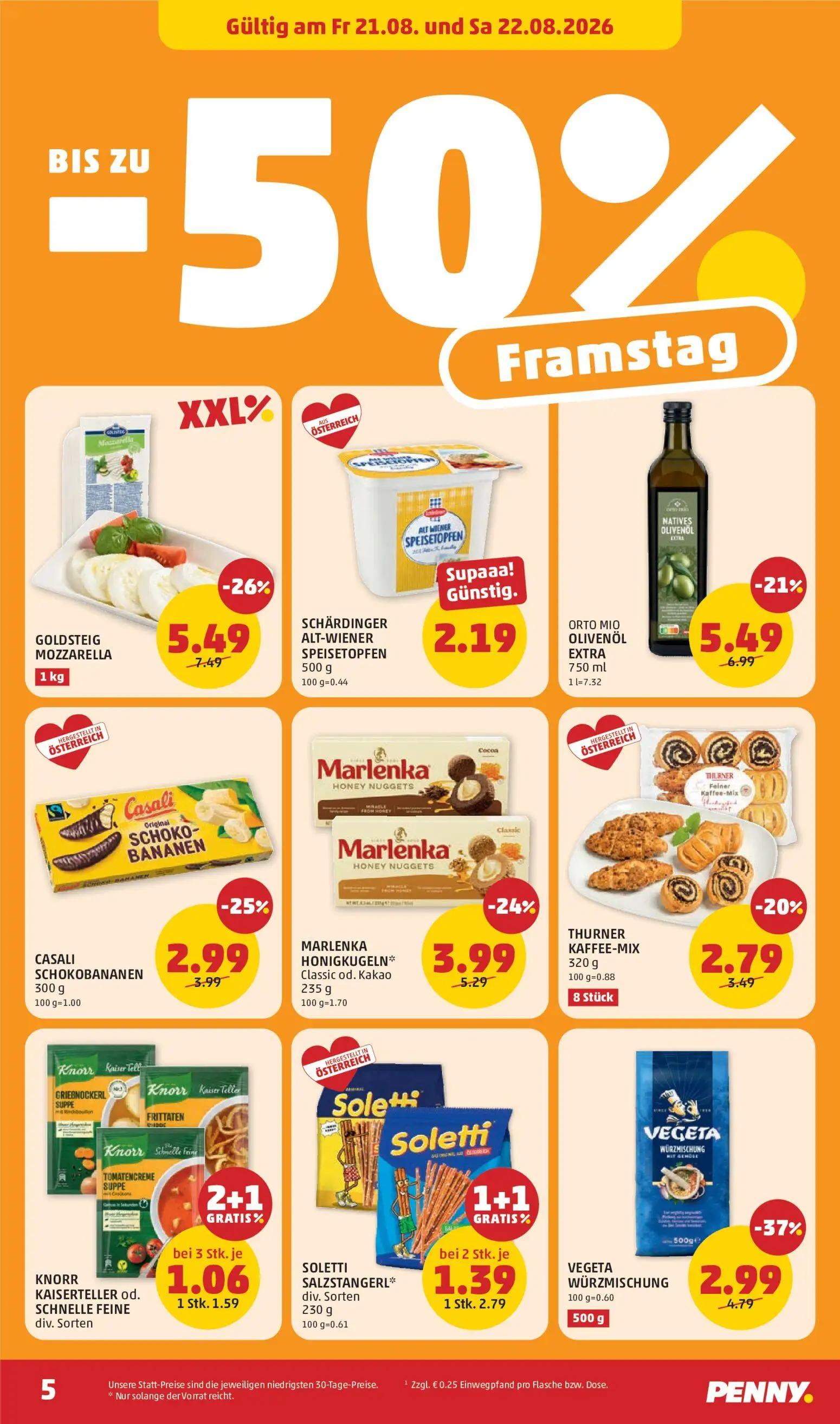 PENNY Prospekt, Seite 5 von 28 — GOLDSTEIG MOZZARELLA, ORTO MIO OLIVENÖL EXTRA, SOLETTI SALZSTANGERL* div. Sorten