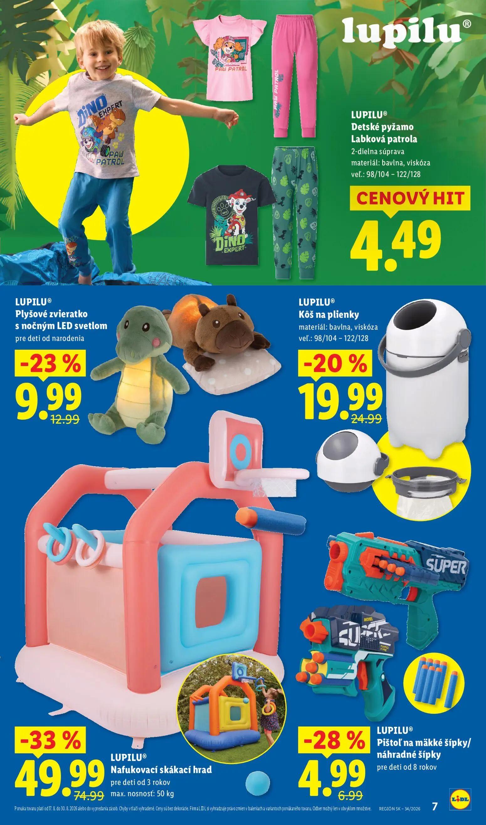 Lidl leták, strana 7 z 8 — Nafukovací skákací hrad, Plyšové zvieratko s nočným LED svetlom, Pištoľ na mäkké šípky/náhradné š…
