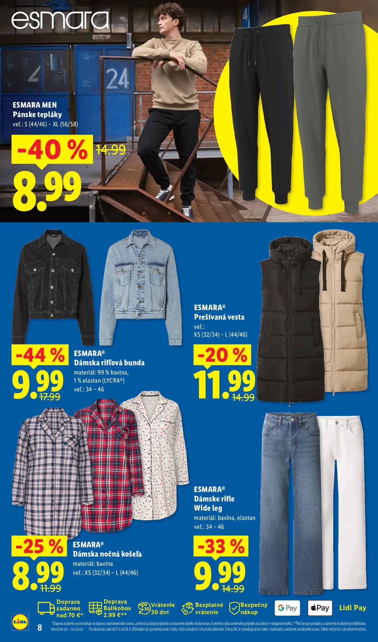 Lidl leták, strana 8 z 8 — ESMARA® Dámska rifľová bunda, ESMARA MEN Pánske tepláky, ESMARA® Dámske rifle Wide leg