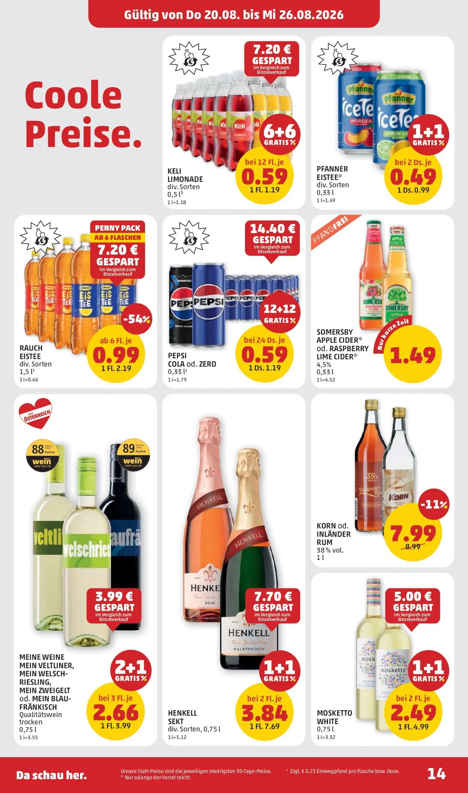PENNY Prospekt, Seite 14 von 28 — KELI LIMONADE div. Sorten, PFANNER EISTEE*, PEPSI COLA od. ZERO