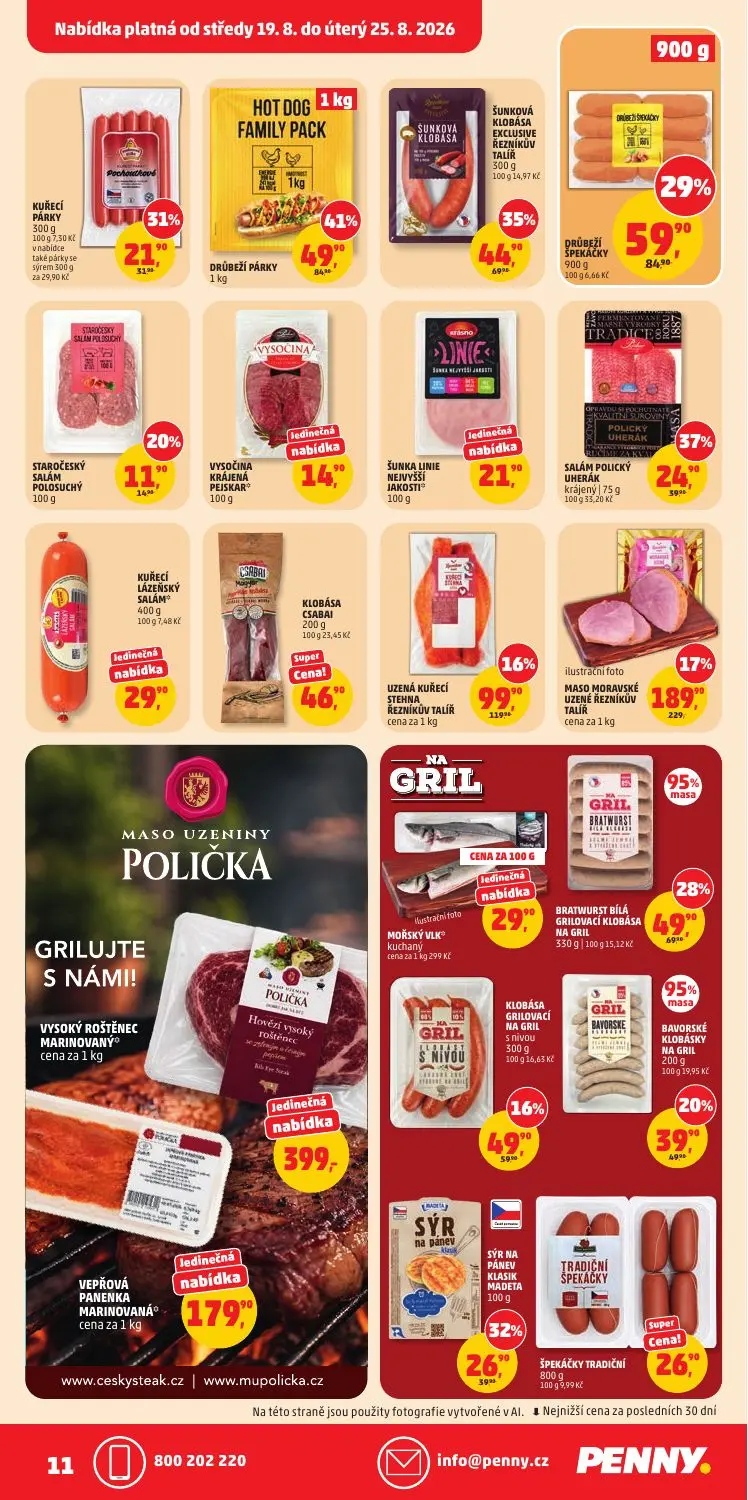 PENNY leták, strana 11 z 36 — BRATWURST BÍLÁ GRILOVACÍ KLOBÁSA NA GRIL, SÝR NA PÁNEV KLASIK MADETA, KLOBÁSA GRILOVACÍ NA GRI…