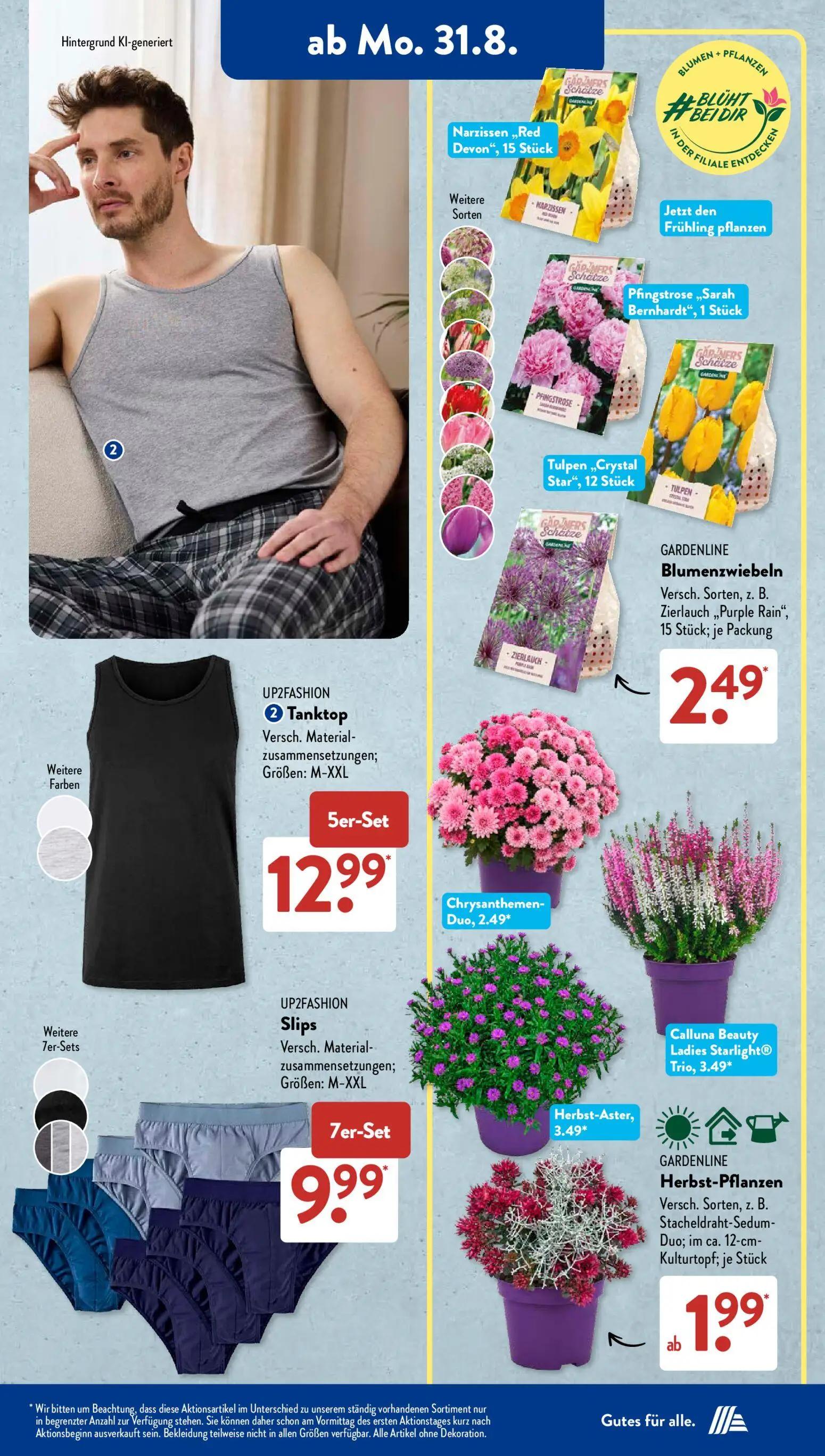 Aldi Süd Prospekt, Seite 6 von 20 — UP2FASHION Tanktop, GARDENLINE Blumenzwiebeln Versch. Sorten, z. B. Zierlauch „Purple Ra…