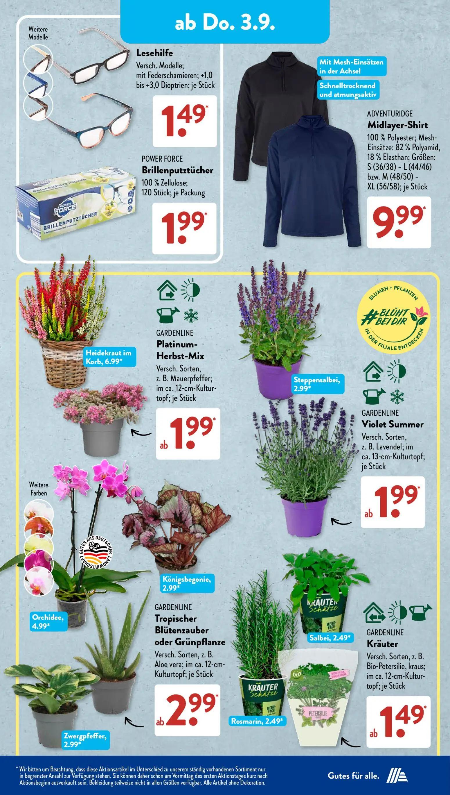 Aldi Süd Prospekt, Seite 8 von 20 — ADVENTURIDGE Midlayer-Shirt, Heidekraut im Korb, GARDENLINE Platinum-Herbst-Mix