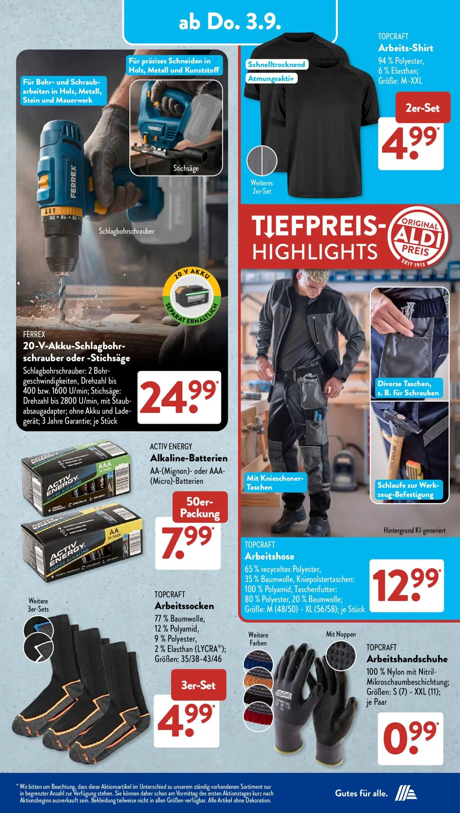 Aldi Süd Prospekt, Seite 10 von 20 — 20-V-Akku-Schlagbohr-schrauber oder -Stichsäge, Arbeits-Shirt, Arbeitssocken