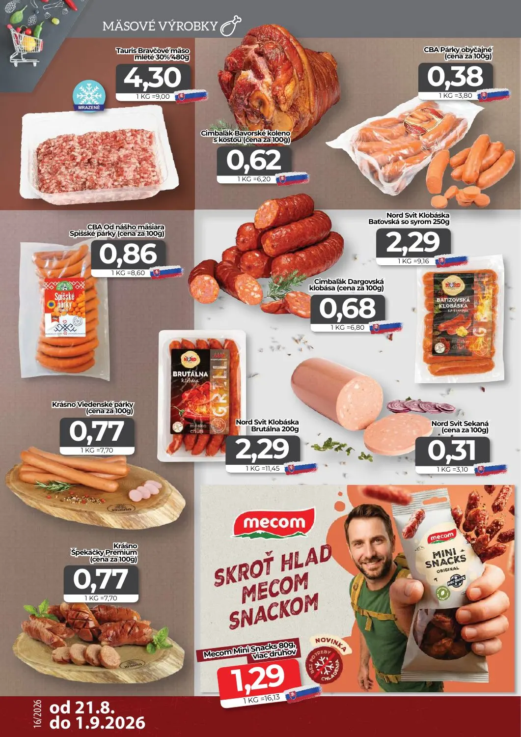 Cba Komfos leták, strana 2 z 16 — Tauris Bravčové mäso mleté 30%, Cimbalak Bavorské koleno s kosťou, CBA Párky obyčajné