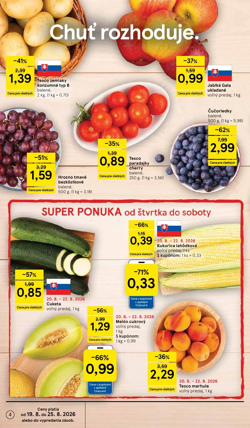 Tesco leták, strana 4 z 50 — Hrozno tmavé bezkôstkové balené,, Tesco zemiaky konzumné typ B balené., Jablká Gala ukladané