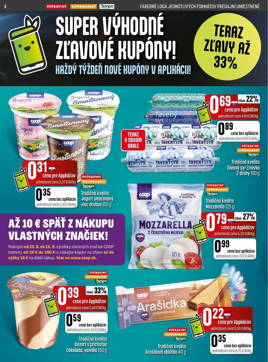 Coop Jednota leták, strana 4 z 32 — Tavený syr črievko, Mozzarella, Dezert s príchuťou čokoláda, vanilka