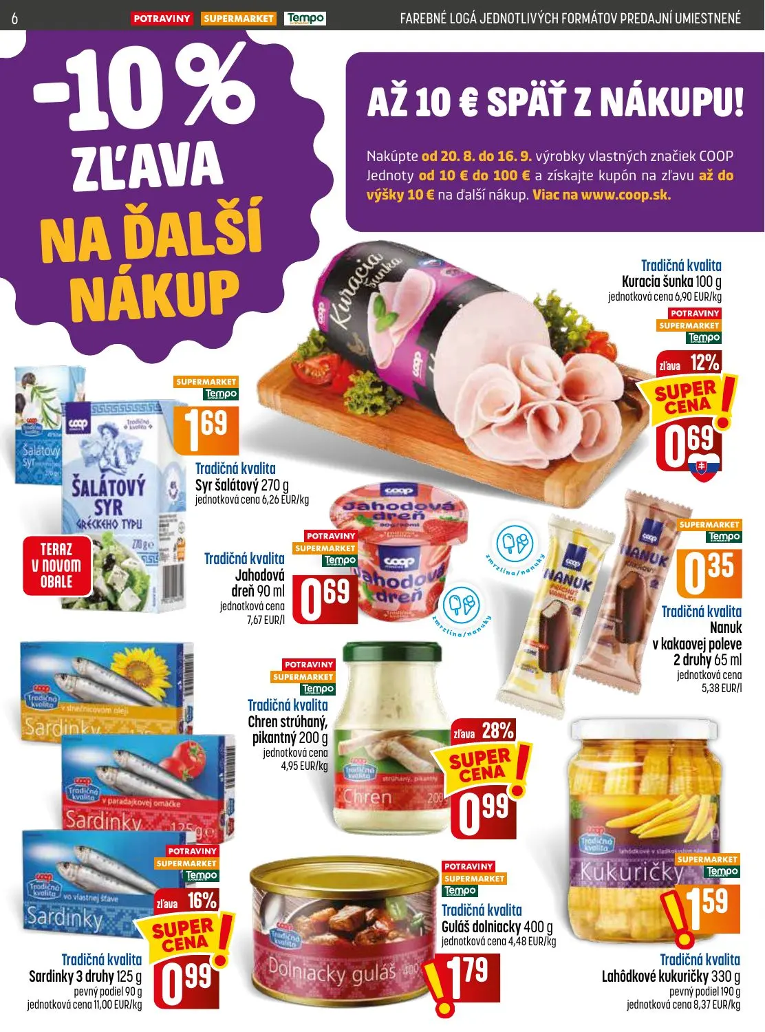 Coop Jednota leták, strana 6 z 32 — Chren strúhaný, pikantný, Sardinky, Kuracia šunka