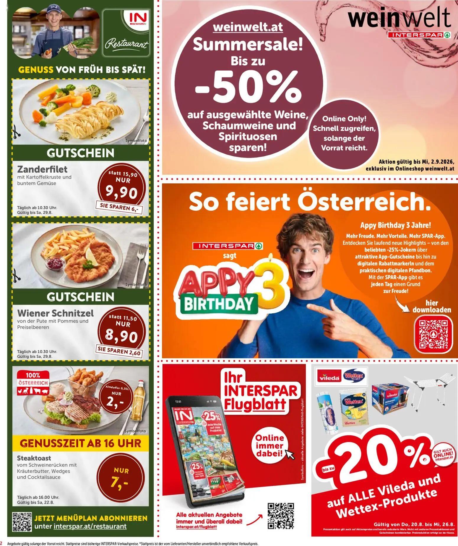 Interspar Prospekt, Seite 2 von 16 — Zanderfilet mit Kartoffelkruste und buntem Gemüse, Wiener Schnitzel von der Pute mit Po…