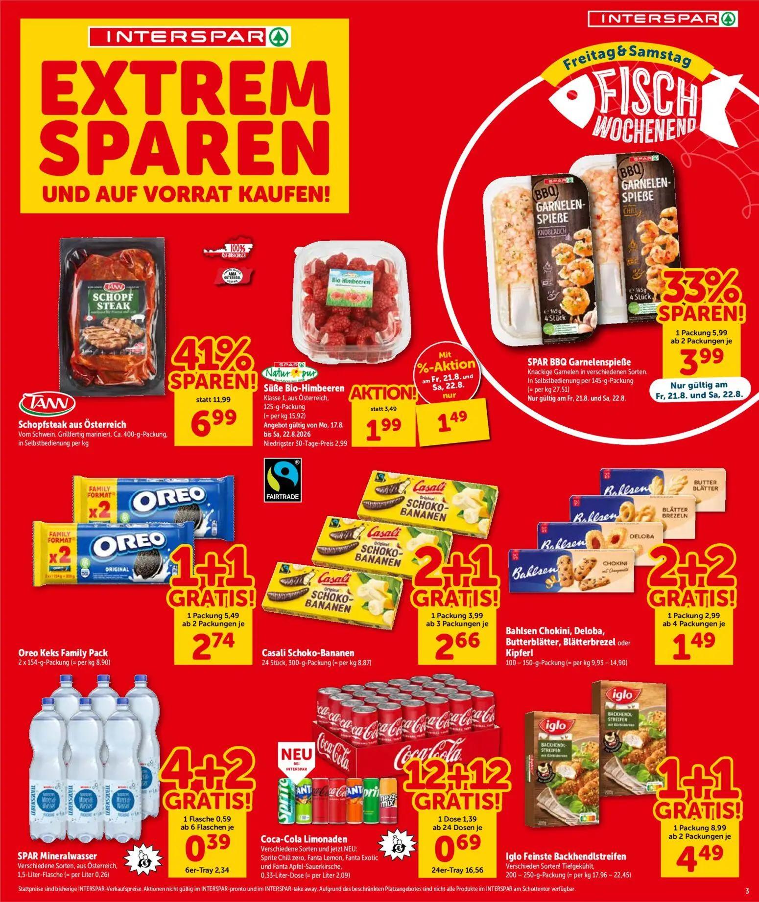 Interspar Prospekt, Seite 3 von 16 — Schopfsteak aus Österreich, Süße Bio-Himbeeren, SPAR BBQ Garnelenspieße