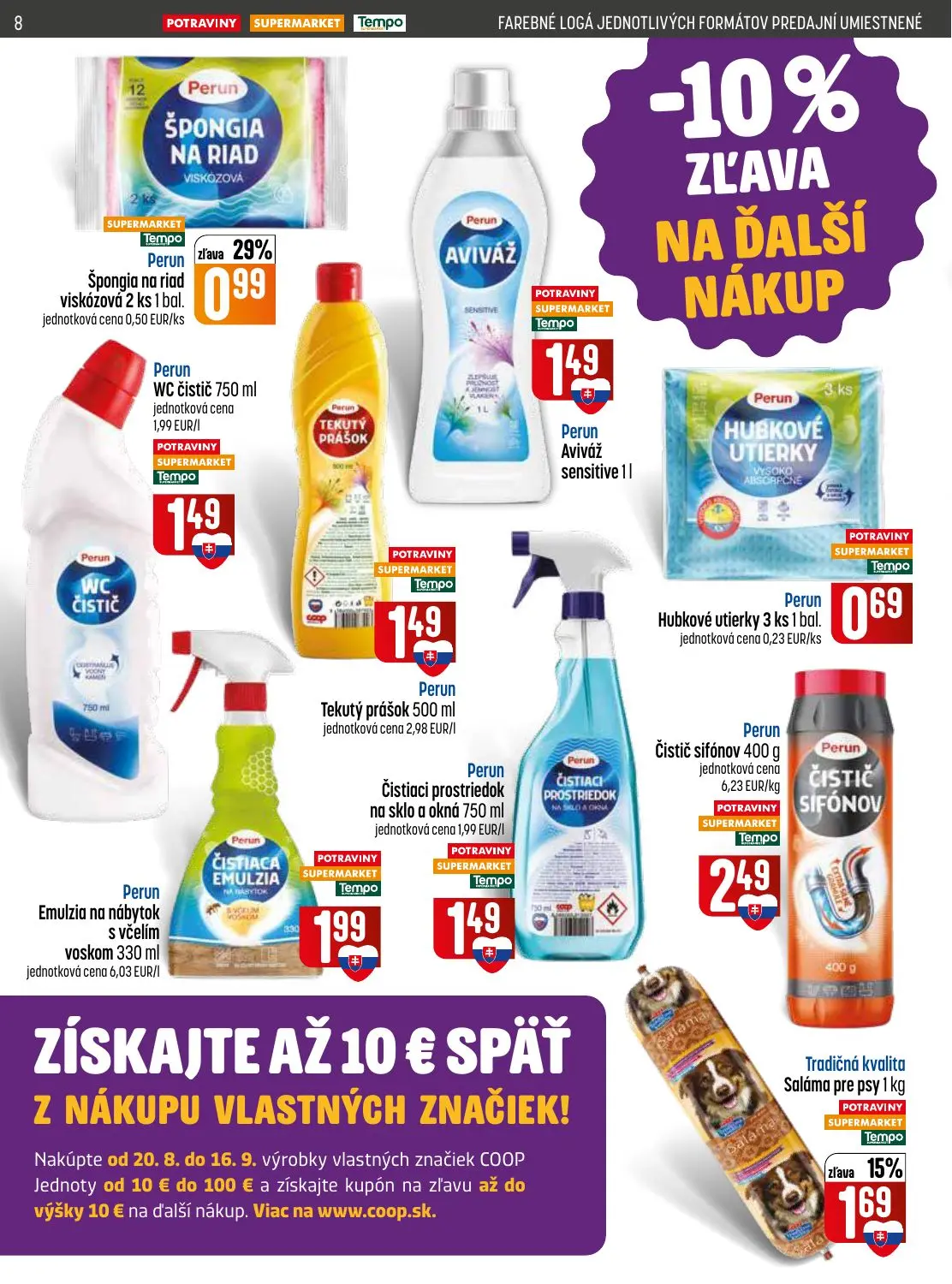 Coop Jednota leták, strana 8 z 32 — Perun Špongia na riad viskózová, Tradičná kvalita Saláma pre psy, Perun WC čistič