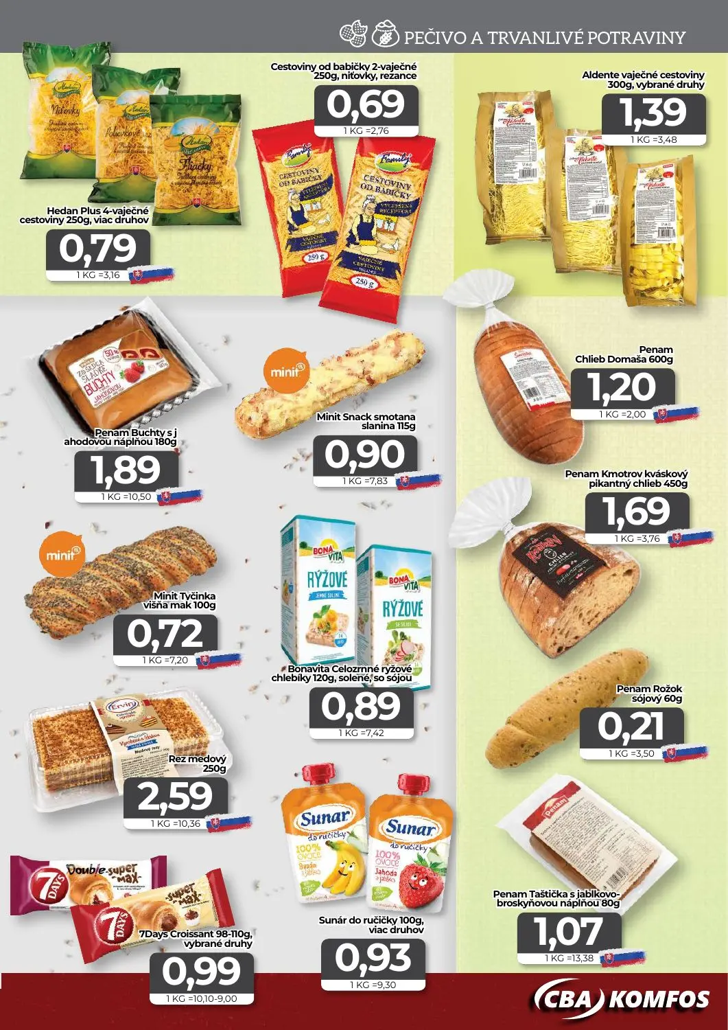 Cba Komfos leták, strana 9 z 16 — Cestoviny od babičky 2-vaječné 250g, niťovky, rezance, Aldente vaječné cestoviny 300g, vyb…