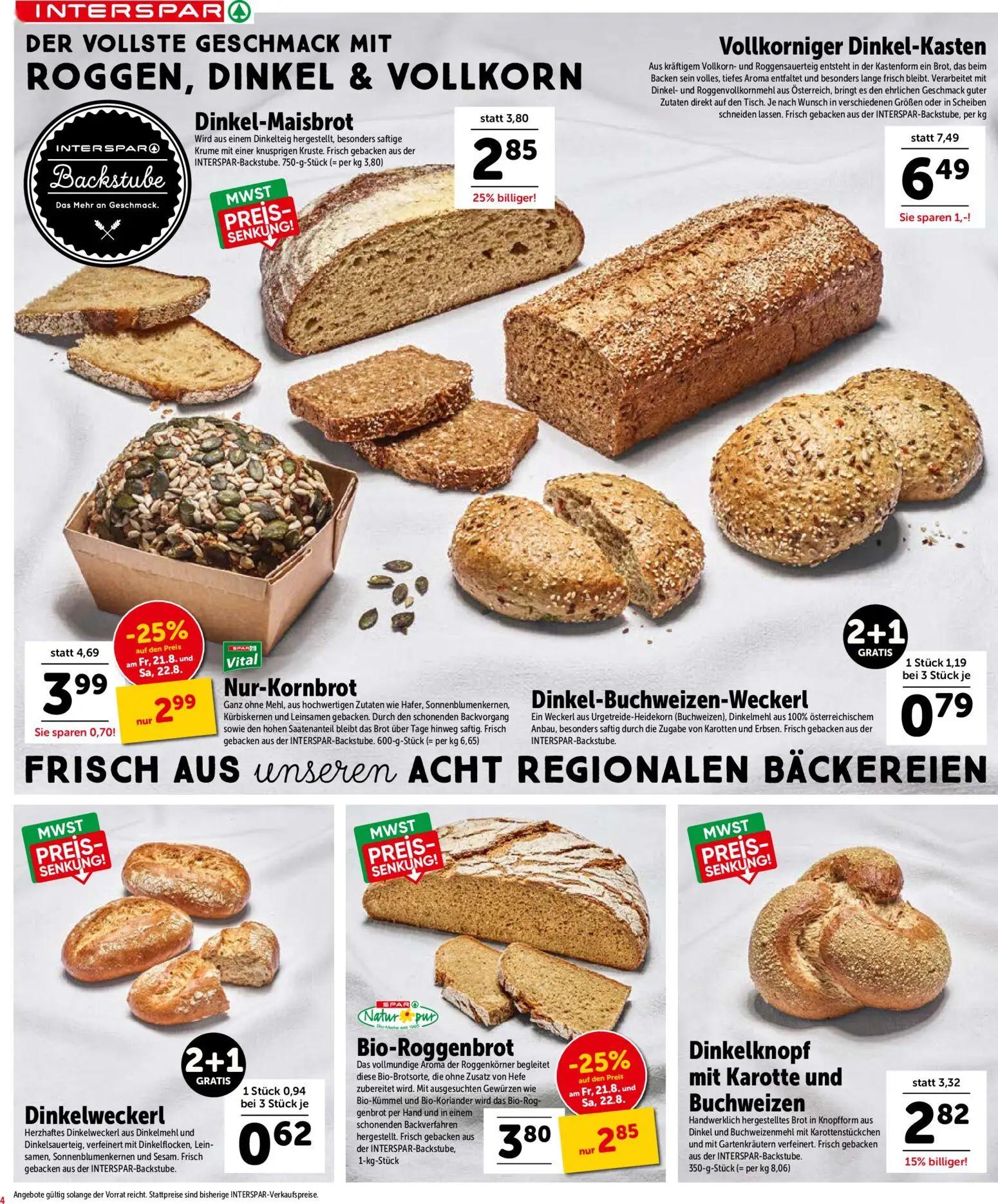 Interspar Prospekt, Seite 4 von 16 — Nur-Kornbrot, Vollkorniger Dinkel-Kasten, Dinkel-Maisbrot