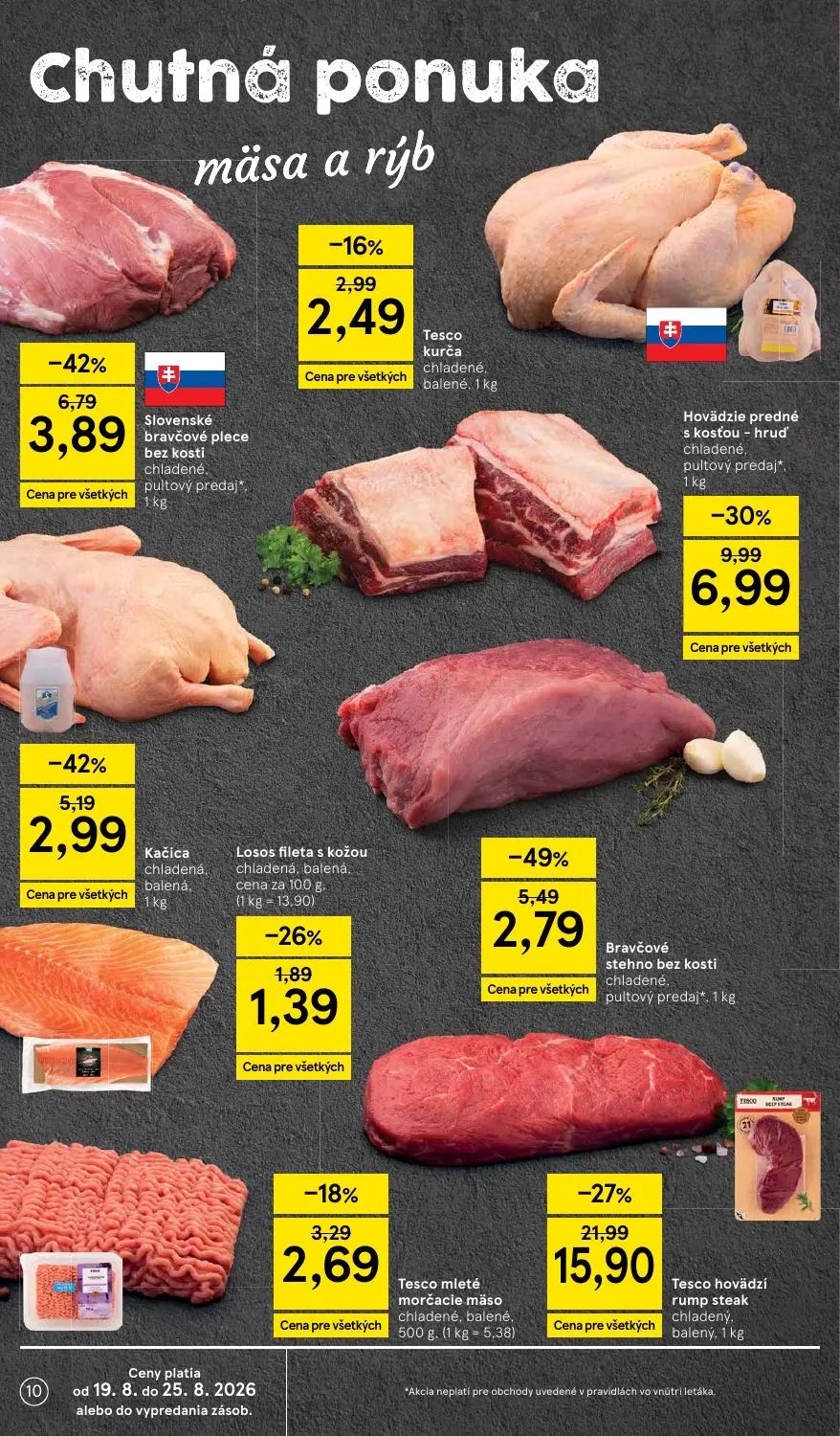 Tesco leták, strana 10 z 50 — Tesco hovädzí rump steak chladený, balený, Tesco mleté morčacie mäso chladené, balené