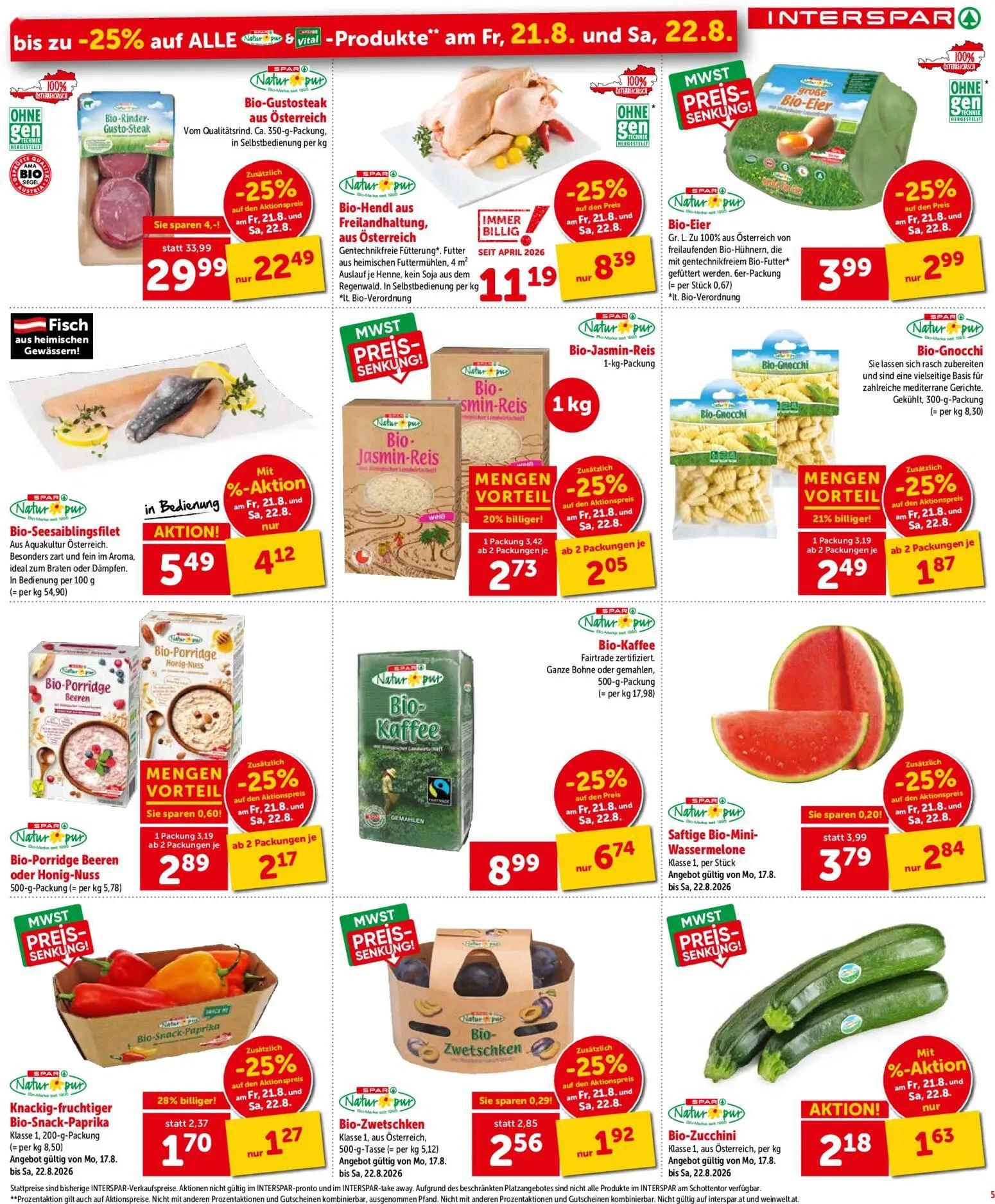 Interspar Prospekt, Seite 5 von 16 — Bio-Rinder-Gusto-Steak, Bio-Hendl aus Freilandhaltung, Bio-Kaffee