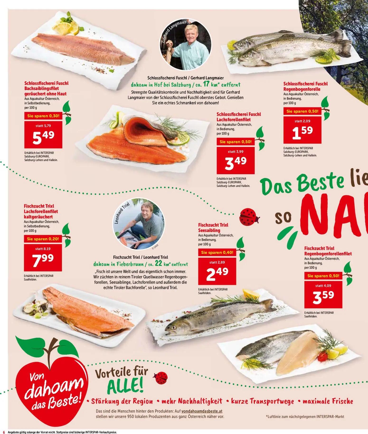 Interspar Prospekt, Seite 6 von 16 — Schlossfischerei Fuschl Lachsforellenfilet, Schlossfischerei Fuschl Regenbogenforelle, …