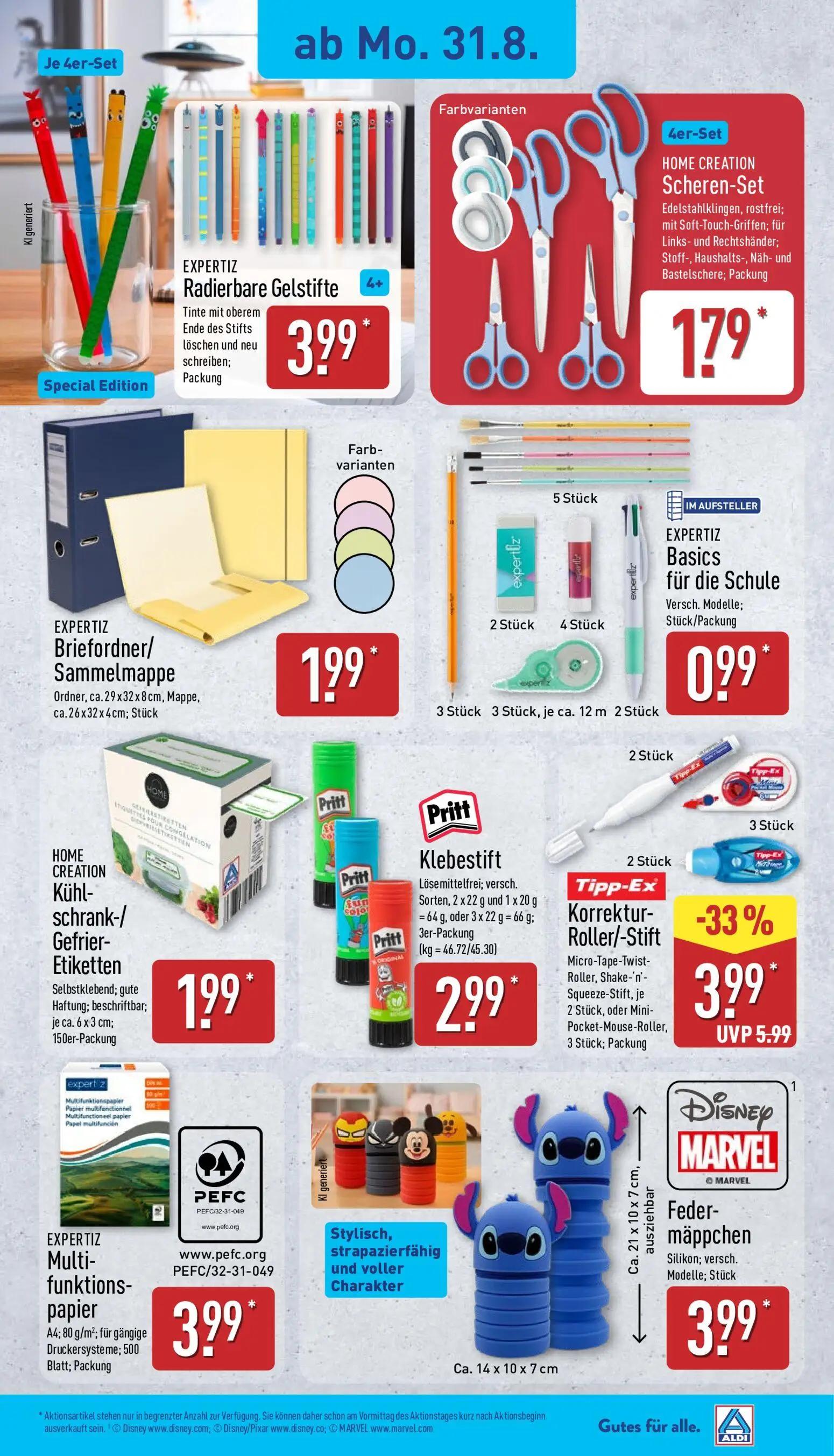 Aldi Nord Prospekt, Seite 3 von 13 — Tipp-Ex Korrektur-Roller/-Stift, EXPERTIZ Radierbare Gelstifte, HOME CREATION Scheren-S…