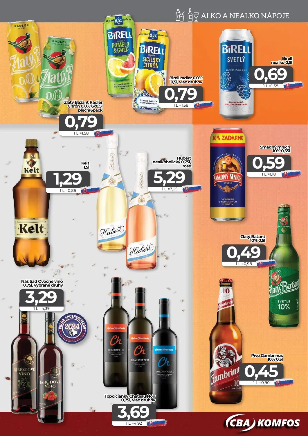 Cba Komfos leták, strana 13 z 16 — Zlatý Bažant Radler Citrón 0,0% 6x0,5l plech(6pack, Birell radler 0,0% 0,5l, viac druhov,…