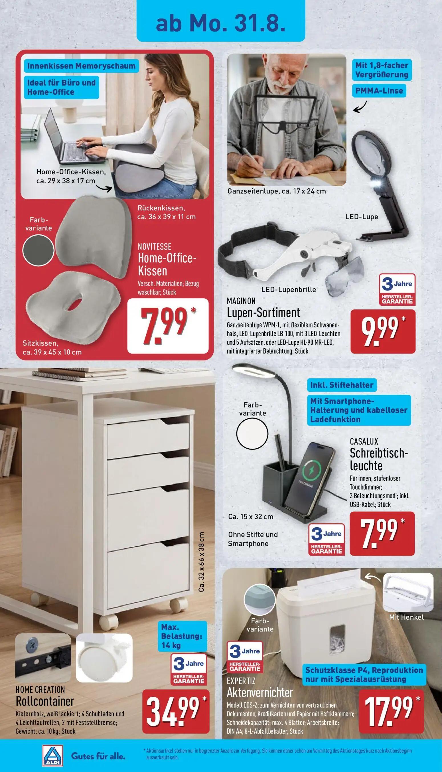 Aldi Nord Prospekt, Seite 4 von 13 — NOVITESSE Home-Office-Kissen, MAGINON Lupen-Sortiment, CASALUX Schreibtischleuchte