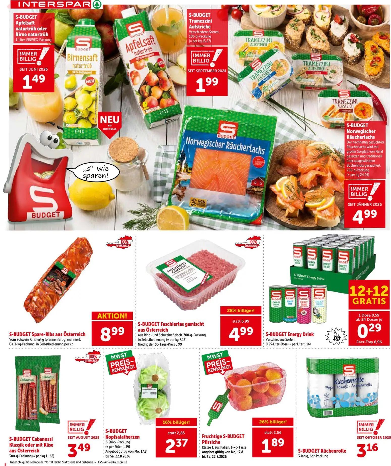 Interspar Prospekt, Seite 8 von 16 — S-BUDGET Faschiertes gemischt aus Österreich, Fruchtige S-BUDGET Pfirsiche Klasse 1, au…
