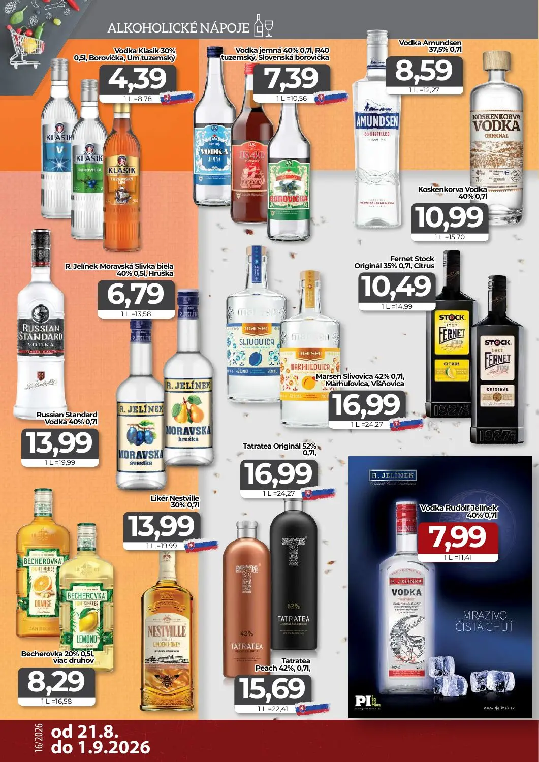 Cba Komfos leták, strana 14 z 16 — Vodka Klasik 30% Borovička, Um tuzemský, Vodka jemná 40% R40 tuzemský, Slovenská borovičk…