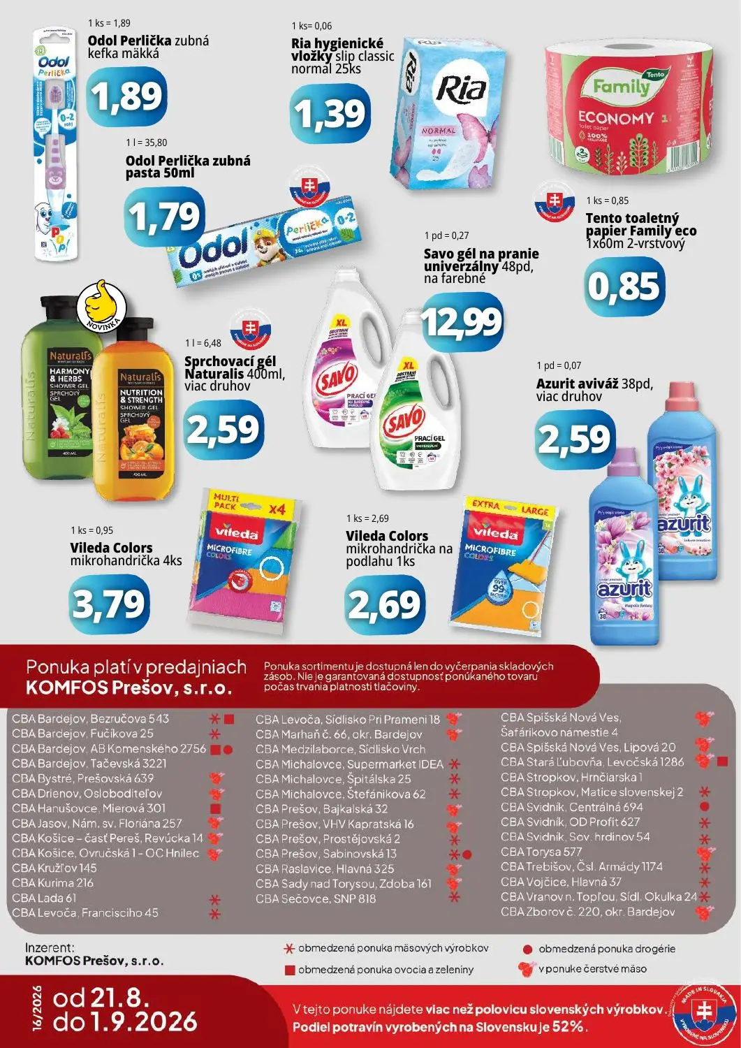 Cba Komfos leták, strana 16 z 16 — Odol Perlička zubná kefka mäkká, Ria hygienické vložky slip classic normal, Odol Perlička…
