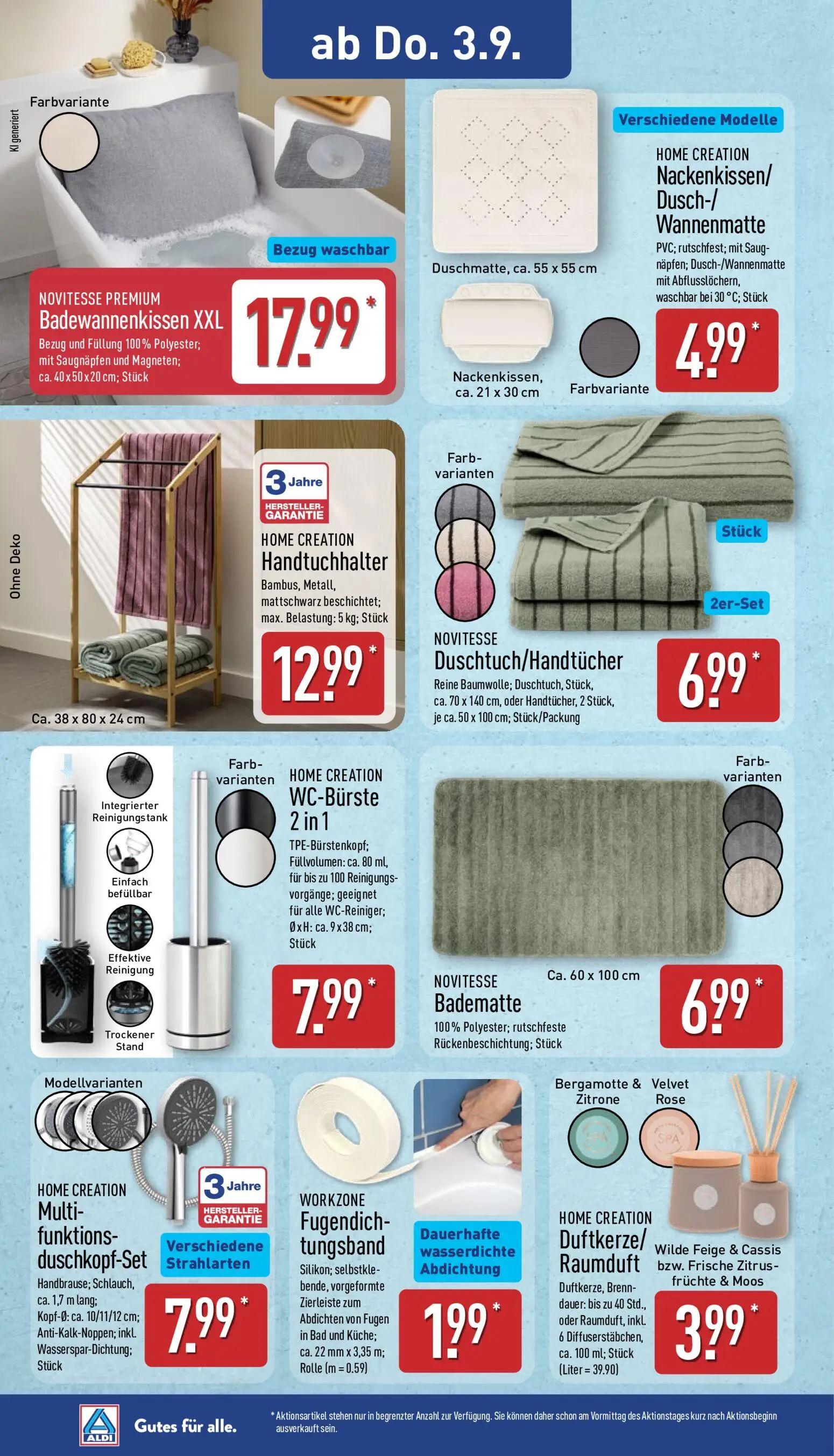 Aldi Nord Prospekt, Seite 8 von 13 — NOVITESSE PREMIUM Badewannenkissen XXL, HOME CREATION Nackenkissen/Dusch-/Wannenmatte, …